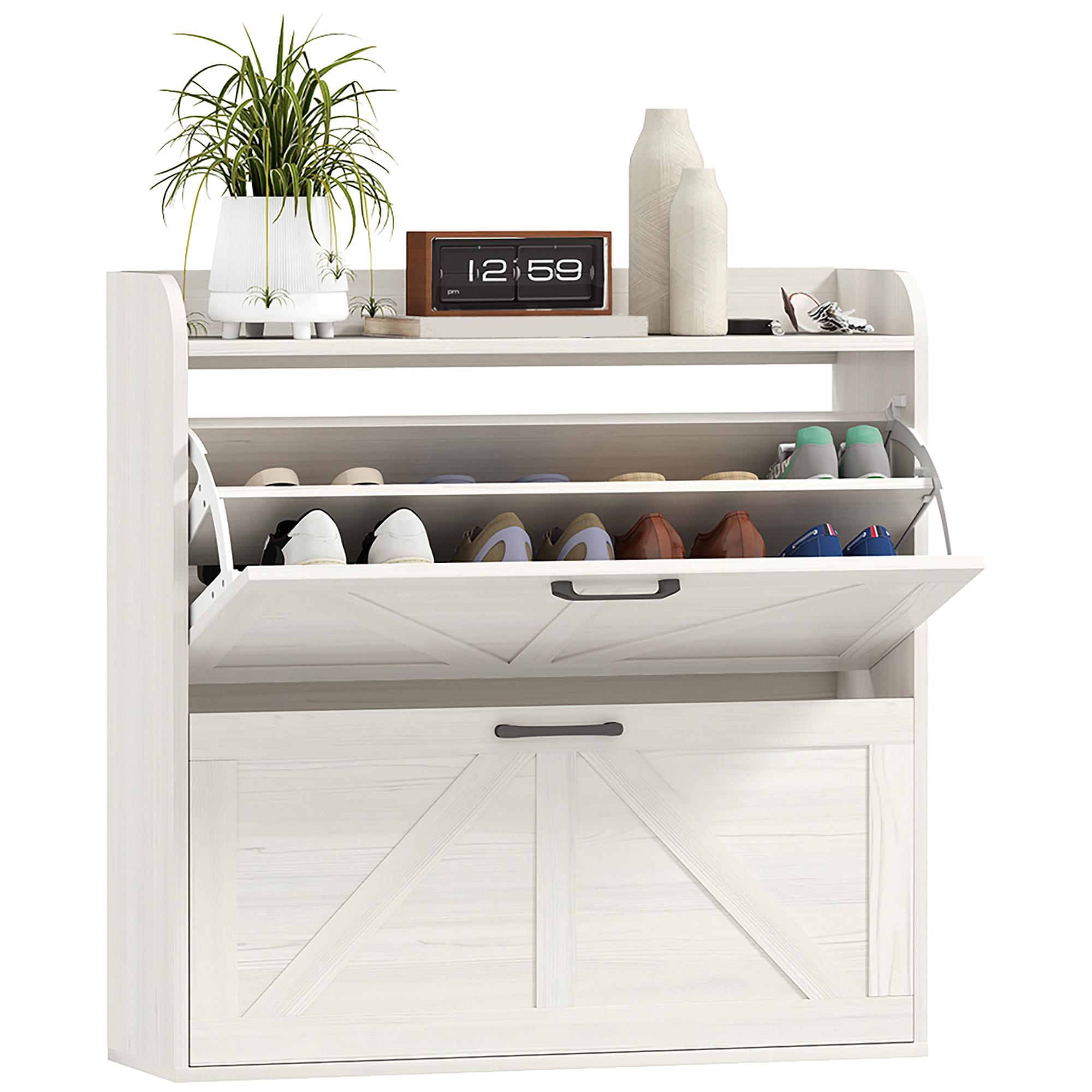 Oak White Flip Shoe Cabinet with Adjustable Dividers