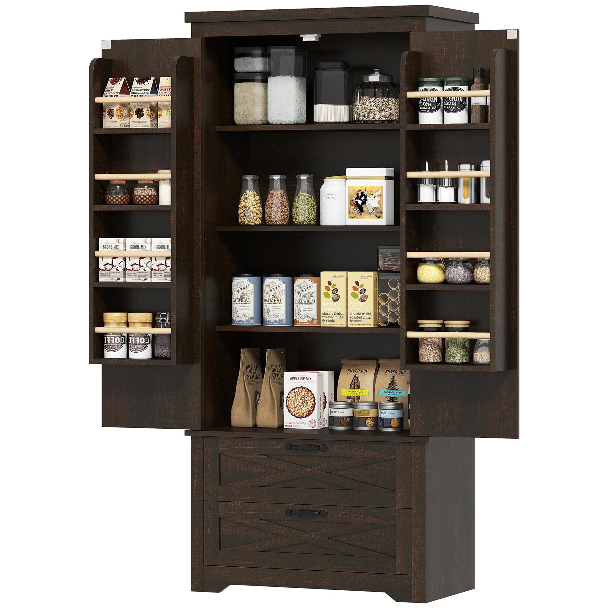 Brown Barn Door Pantry Cabinet with Drawers, 64-Inch Storage