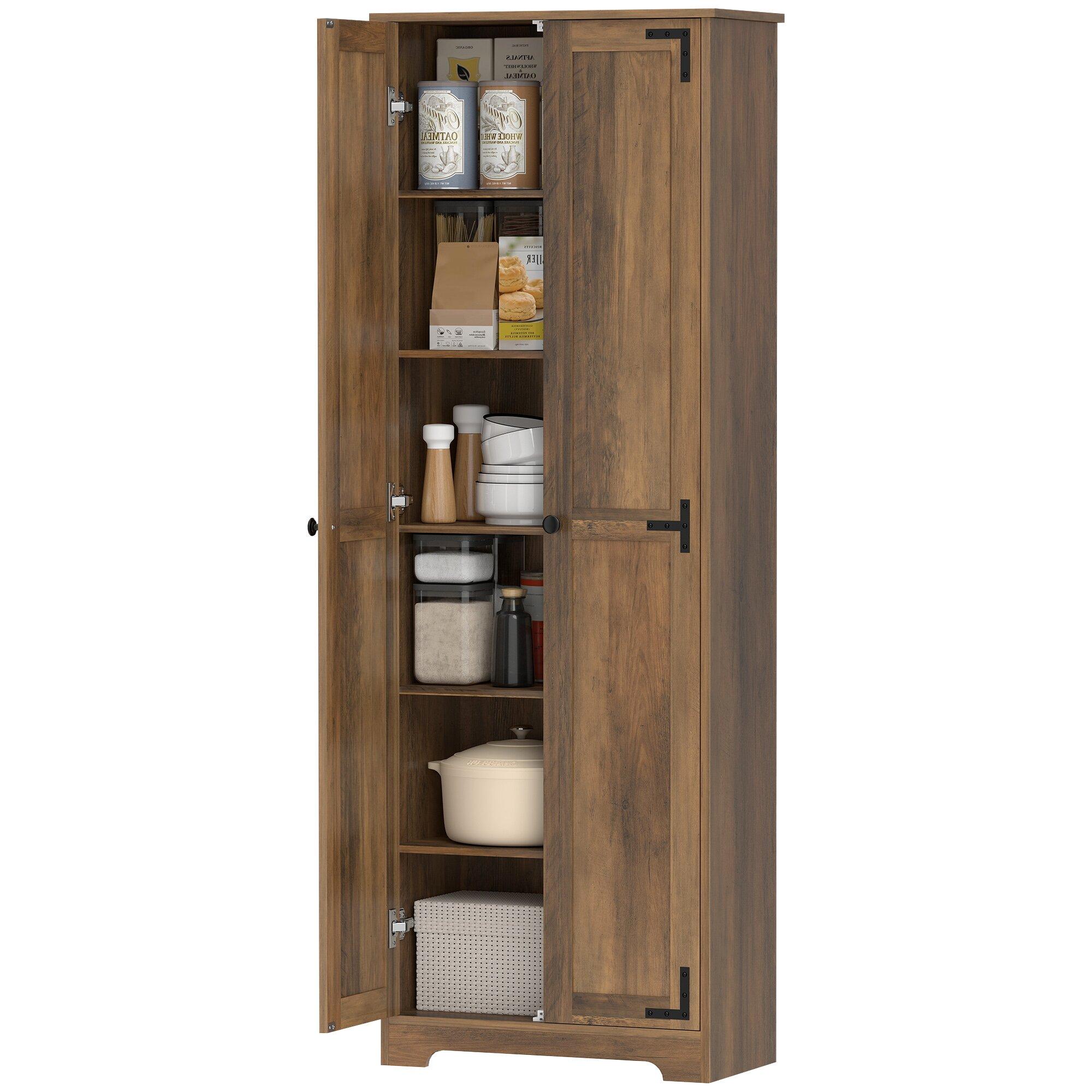 Brown Wood Grain Pantry Cabinet with Adjustable Shelves