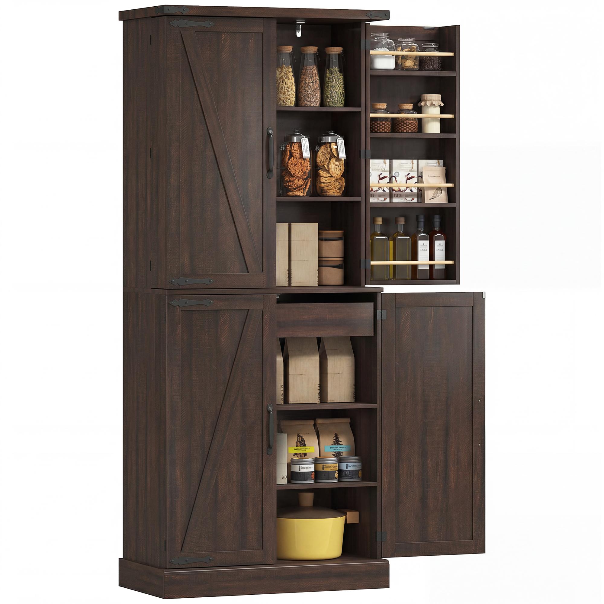 Distressed Brown 72 Inch Pantry Cabinet with Door Racks