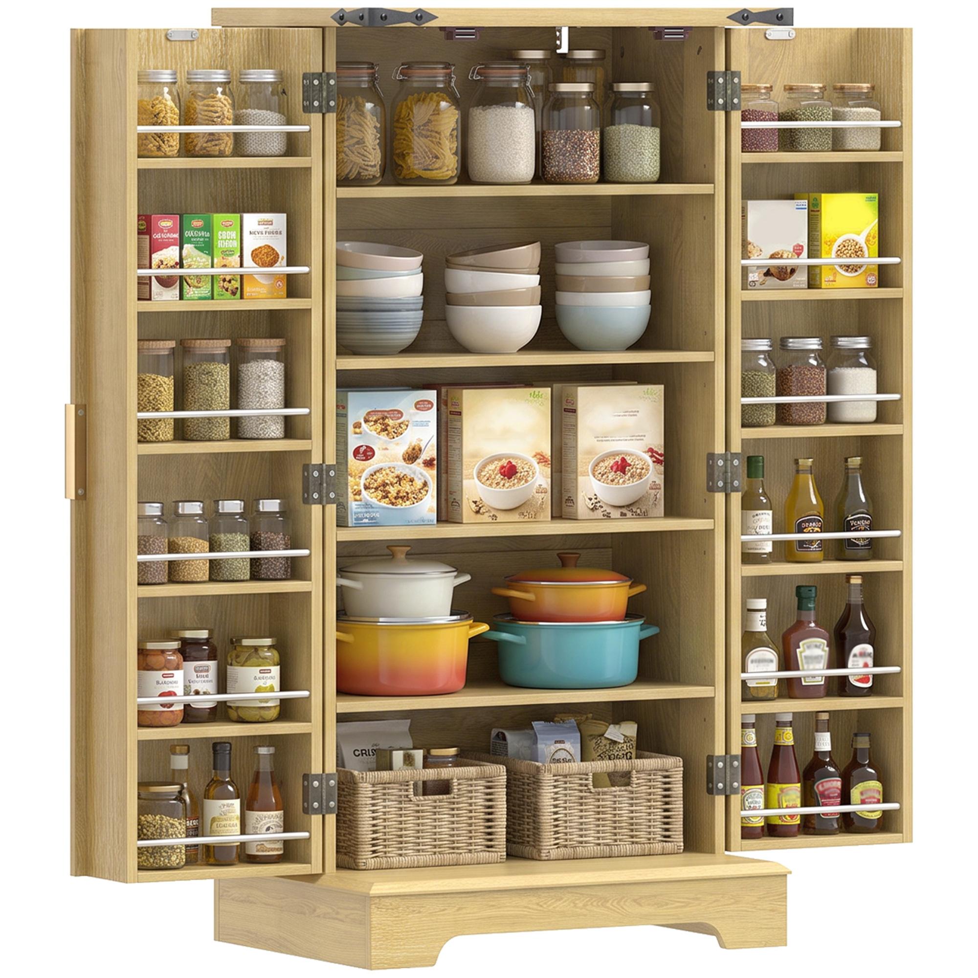 Oak Fluted Pantry Cabinet with 12 Door Racks, 23.6-Inch Wide