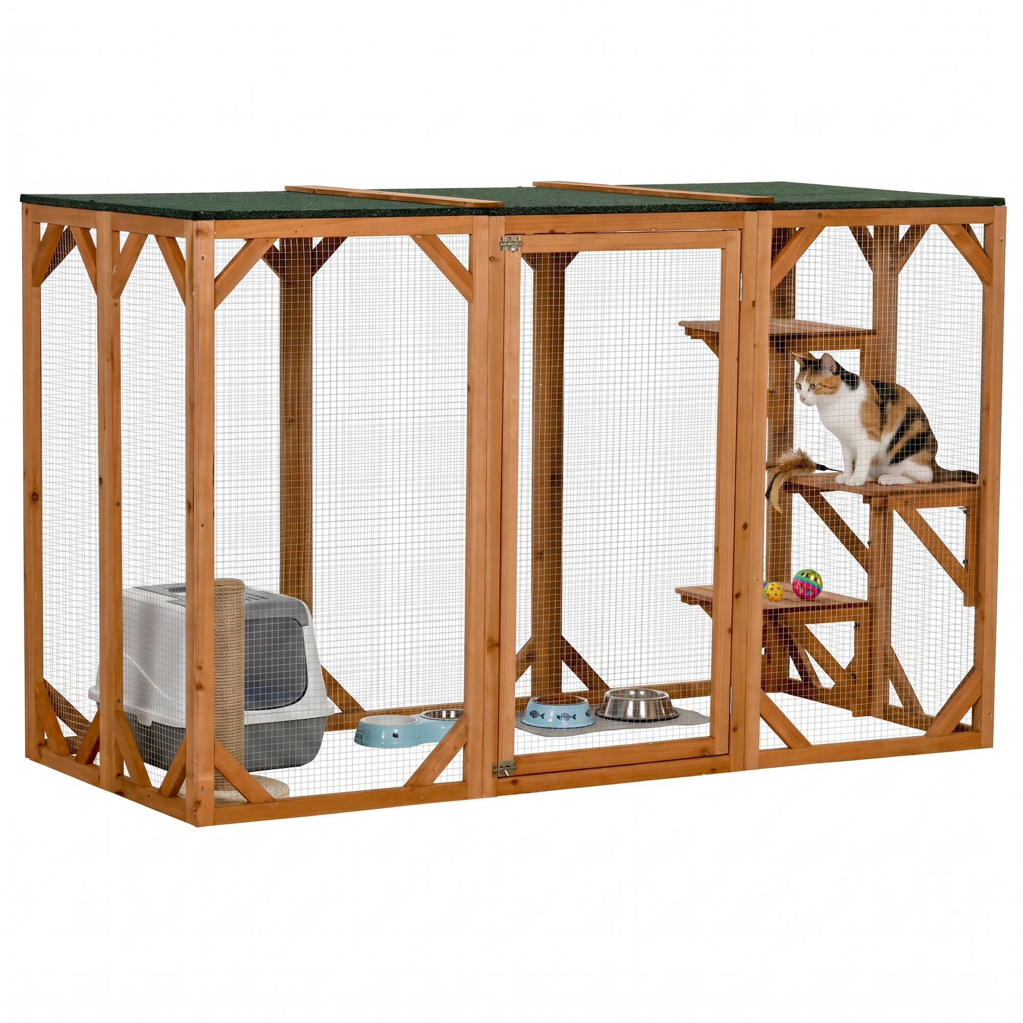 Orange Fir Wood Catio with Three Elevated Platforms