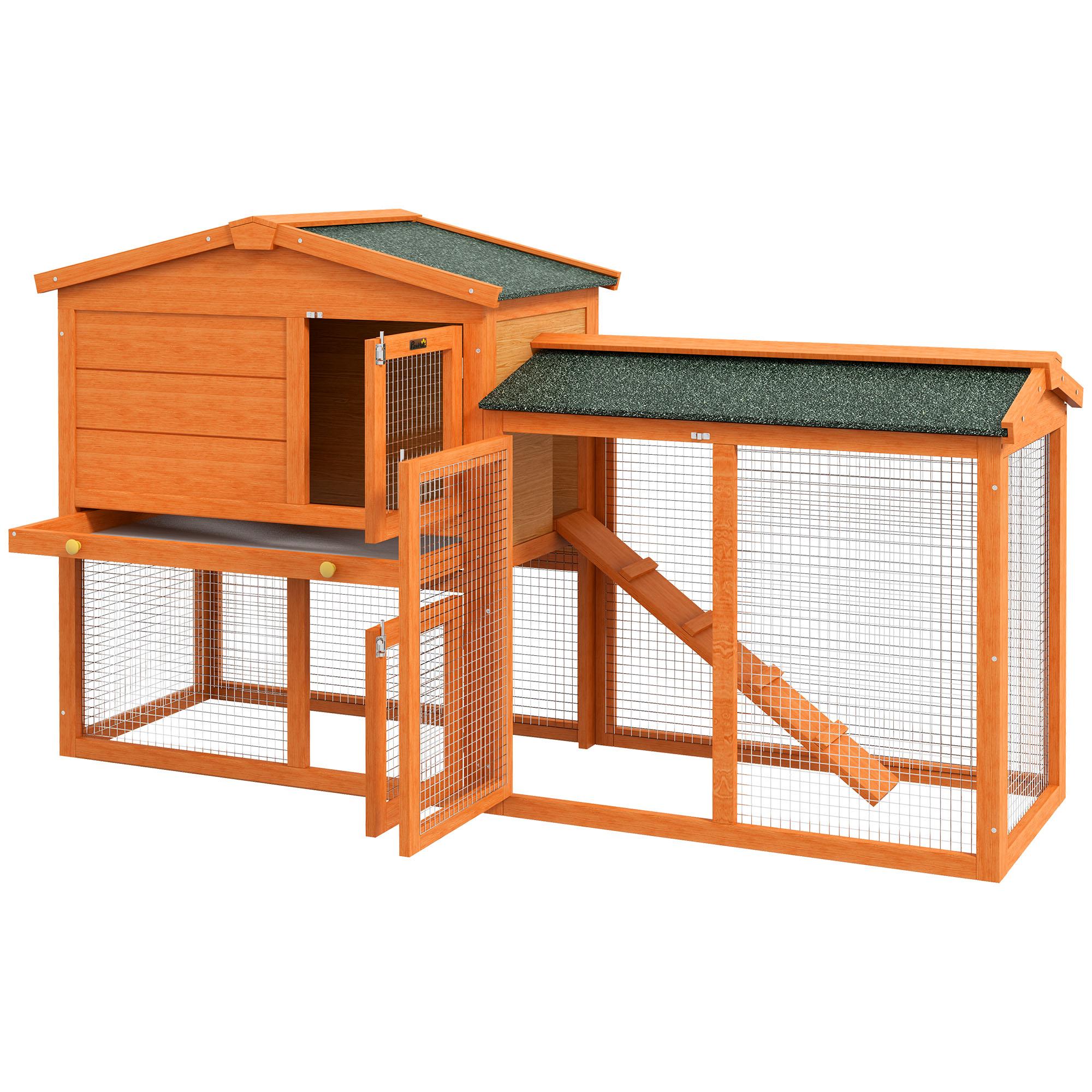 Orange Rabbit Hutch with Ramp and Outdoor Run, 59.1 in