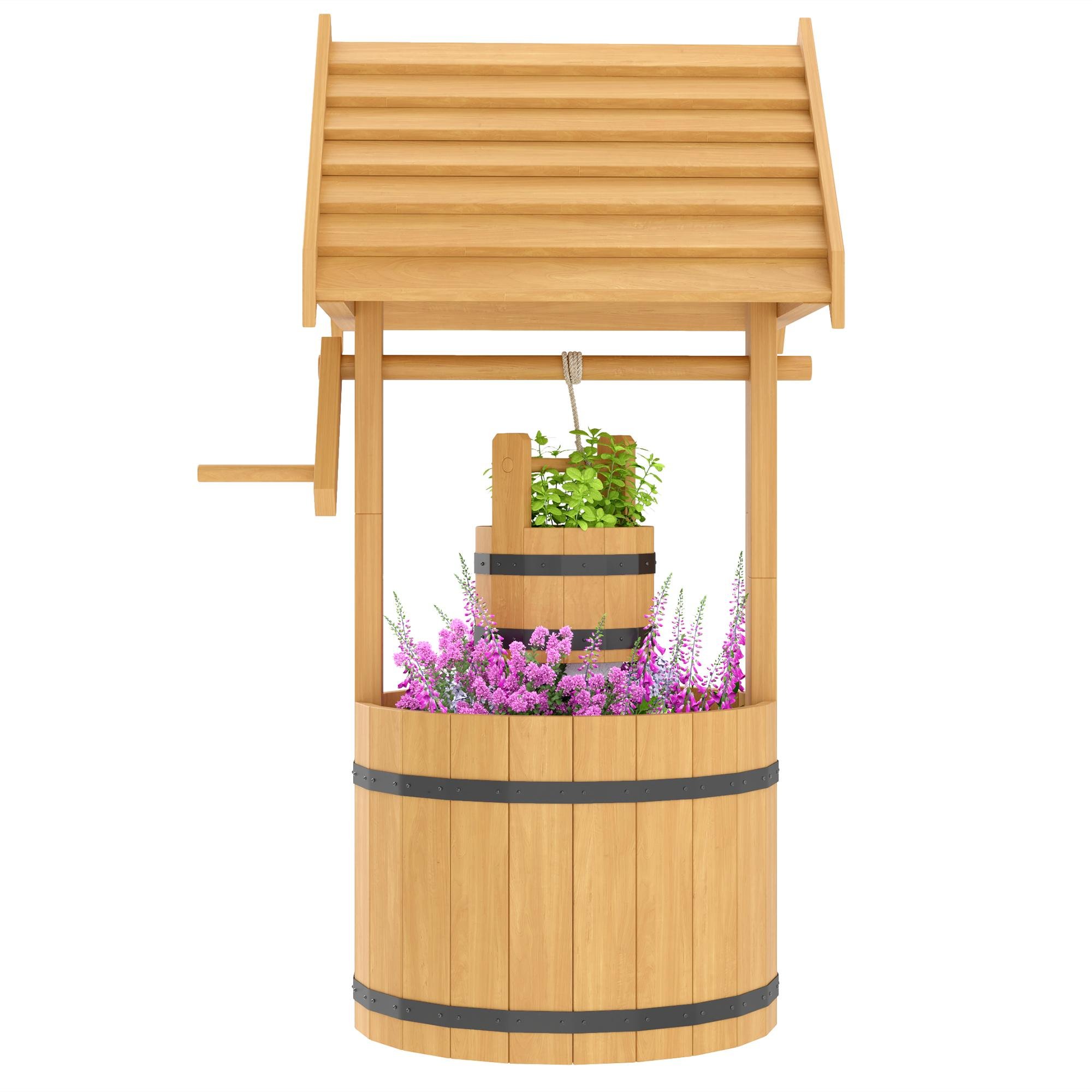 Orange Fir Wood Wishing Well Planter with Hanging Bucket