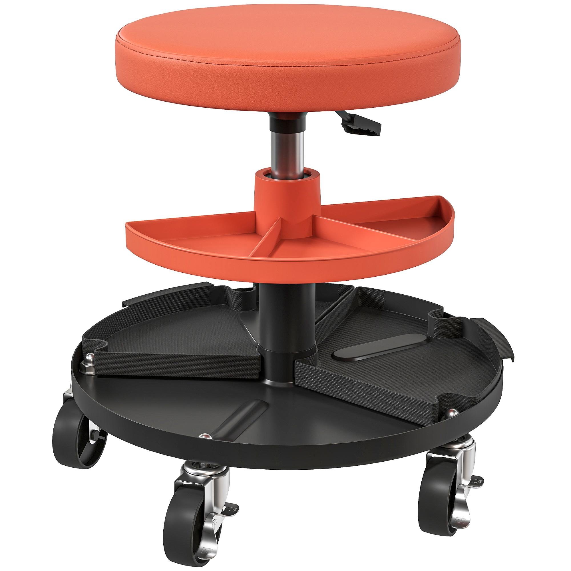 Orange Rolling Mechanic Stool, 300 lb Capacity, Tool Trays