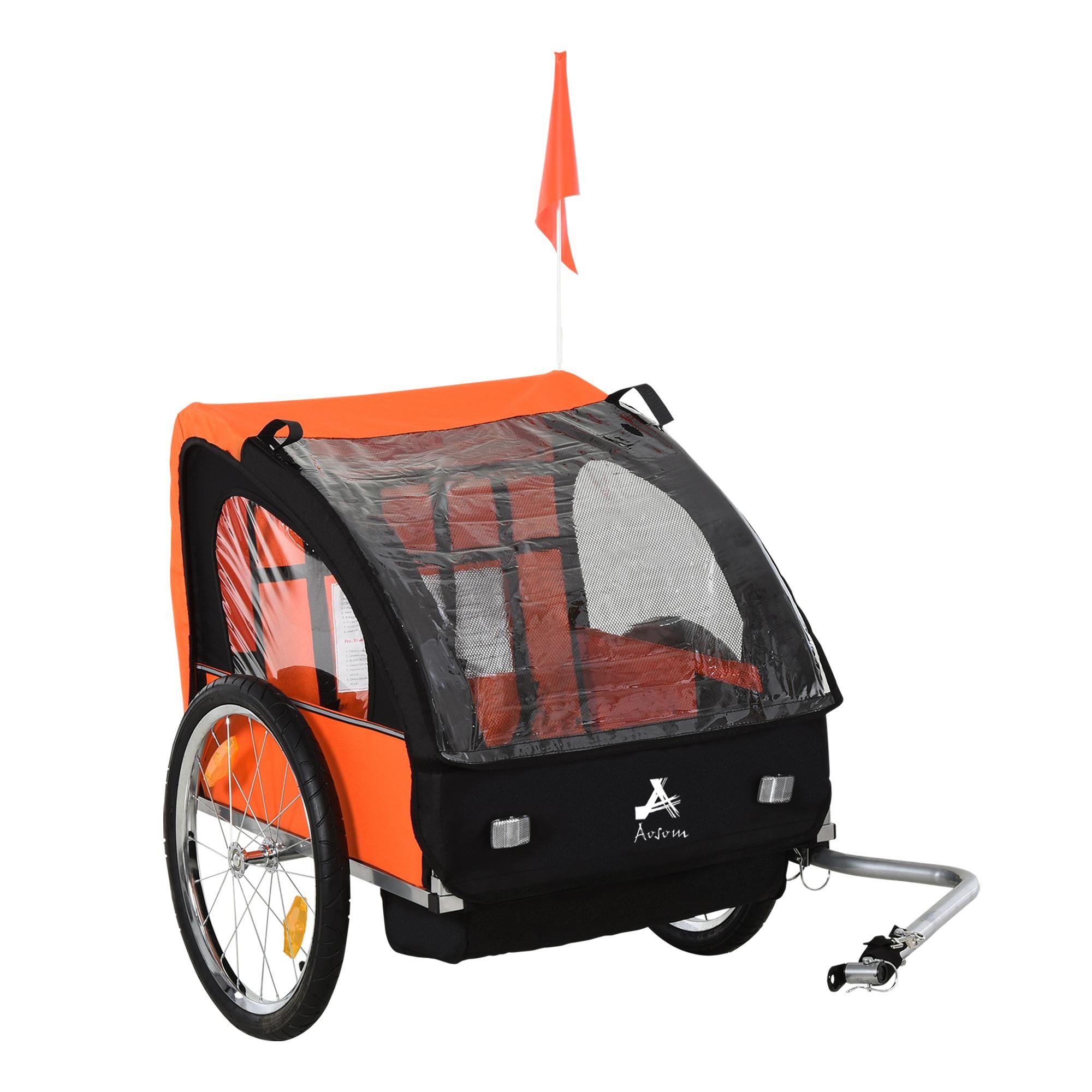 Orange Two Seat Bike Trailer with 5-Point Harnesses
