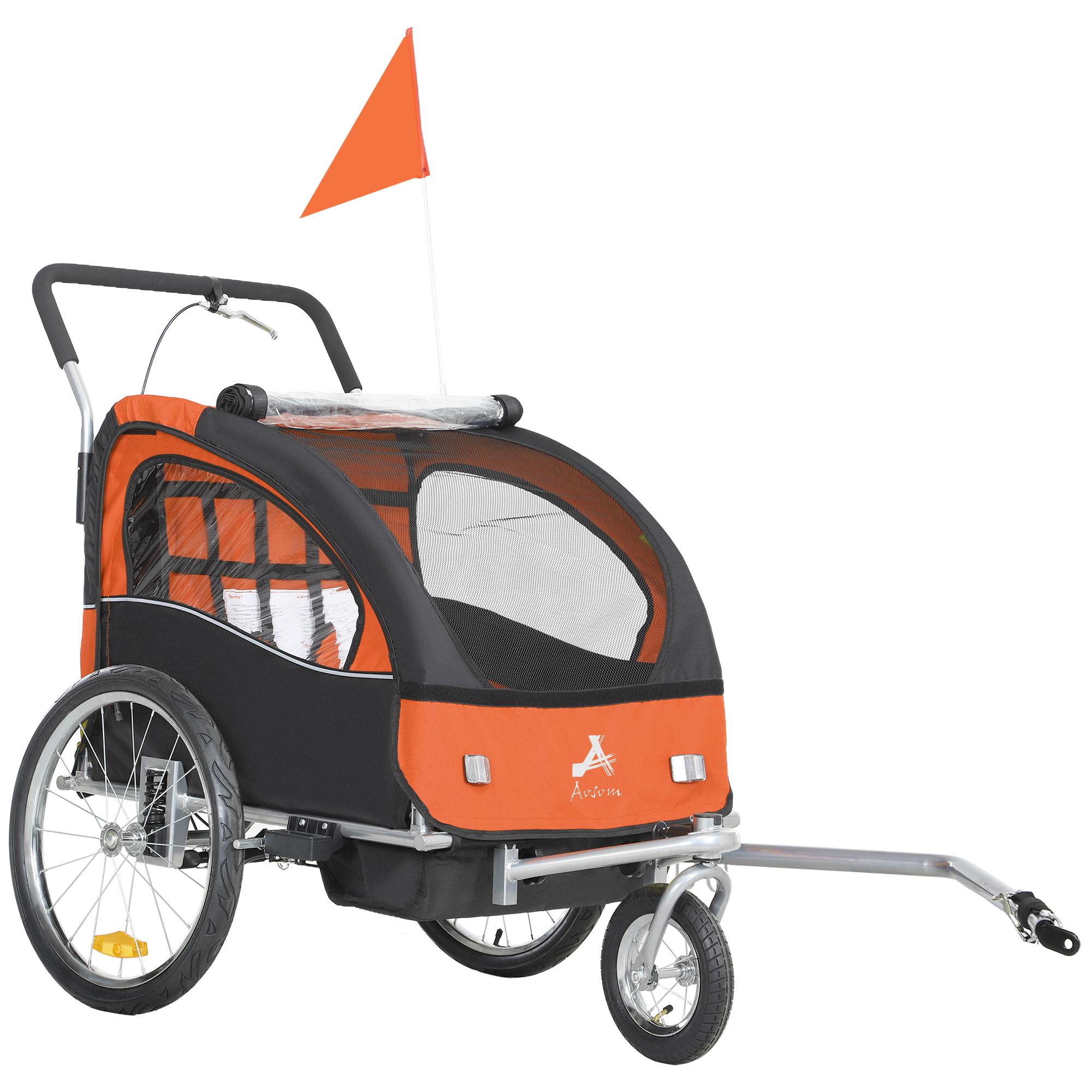 Orange Foldable Bike Stroller, 2-Seat Kids Trailer