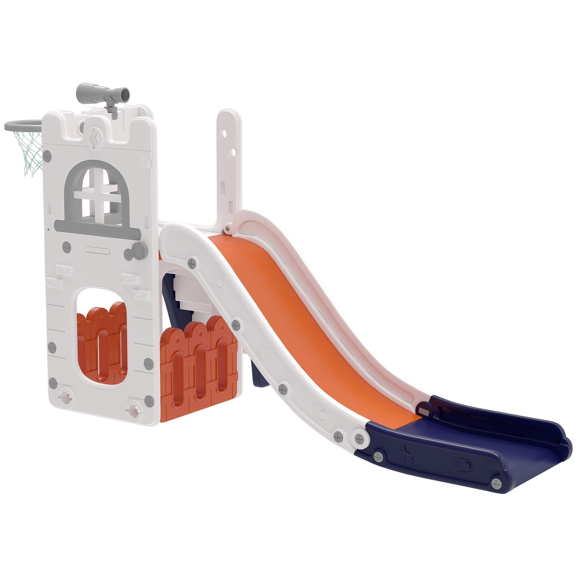 Orange 5-in-1 Indoor Toddler Slide with Hoop and Basket
