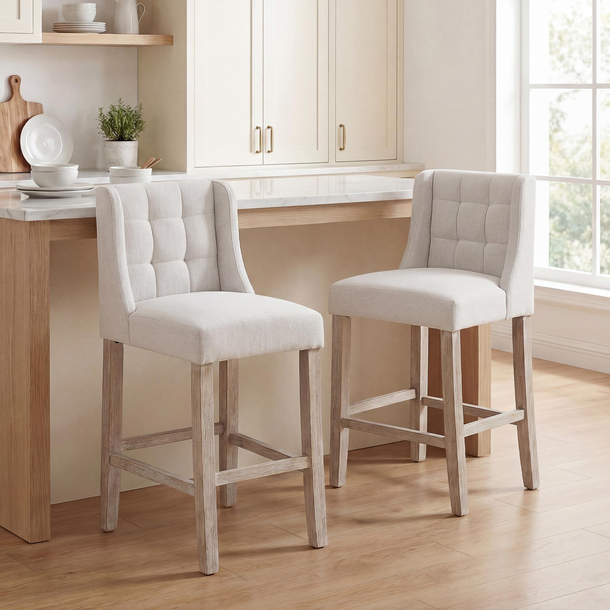 Beige Tufted Counter Chairs, Upholstered Set of 2