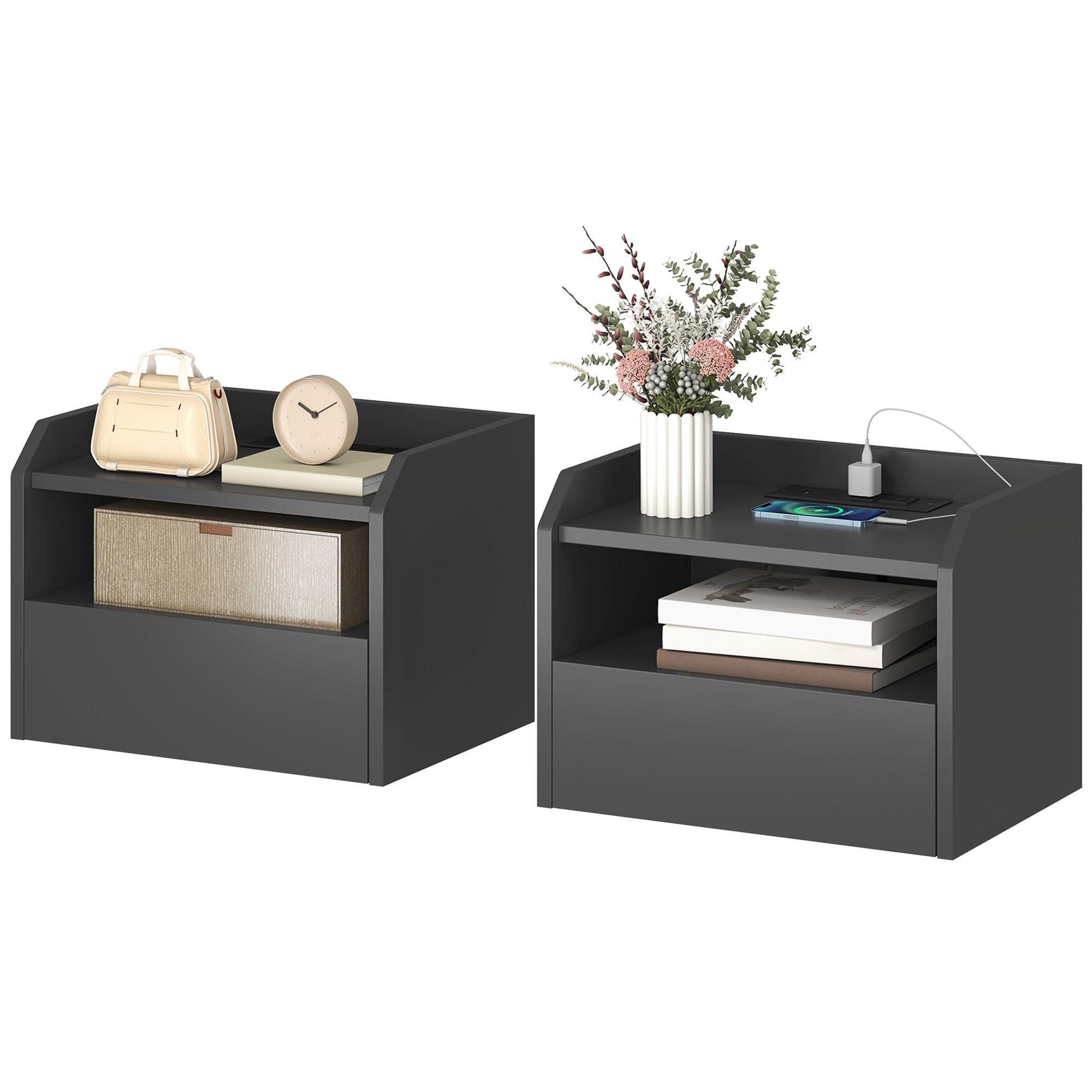 Black bedside tables with charging, floating set of 2