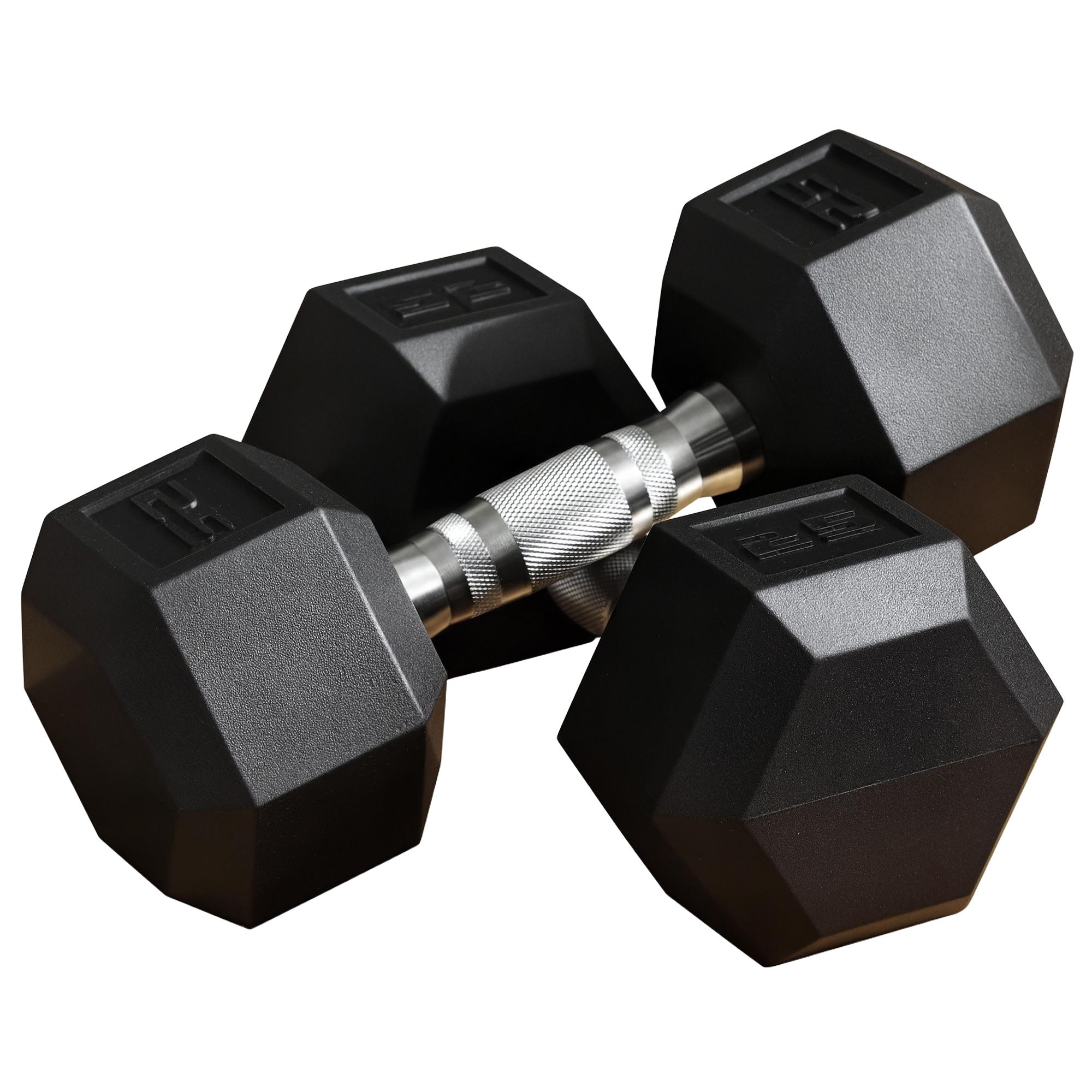 25 lbs Black Rubber Dumbbells with Hexagonal Ends