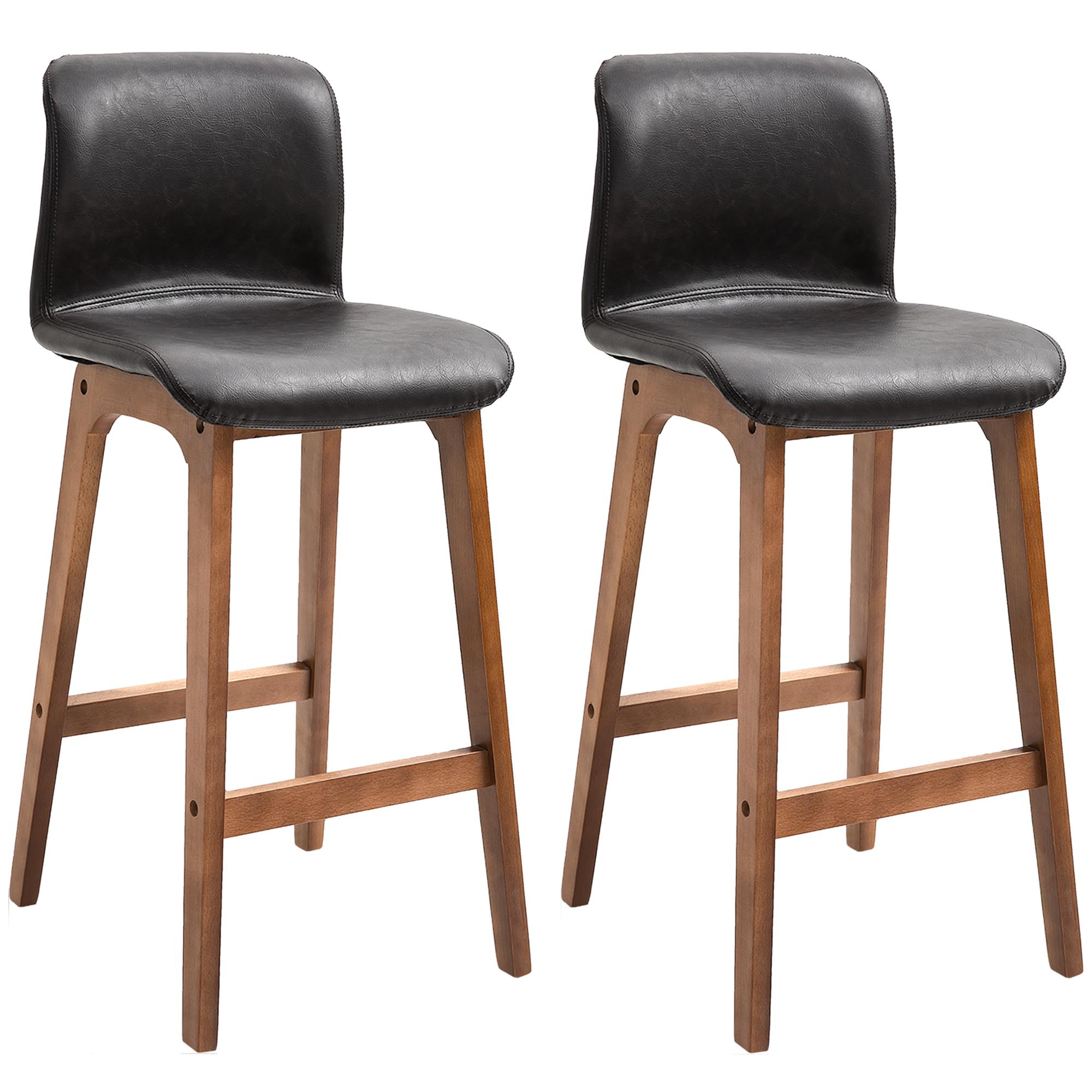 Dark Brown Beech Bar Stools with PU Leather Seats, Set of 2