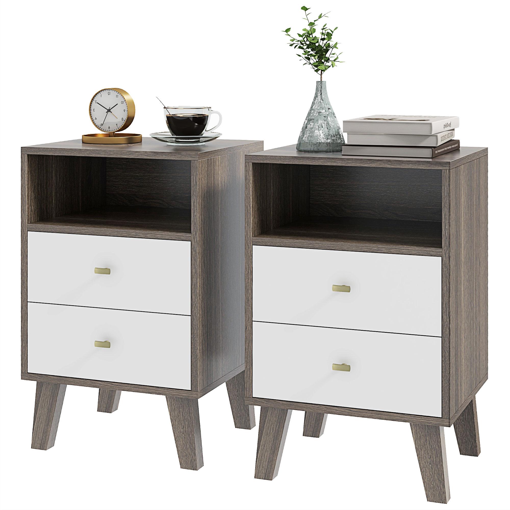 Grey Two Drawer Nightstand Set with Open Storage