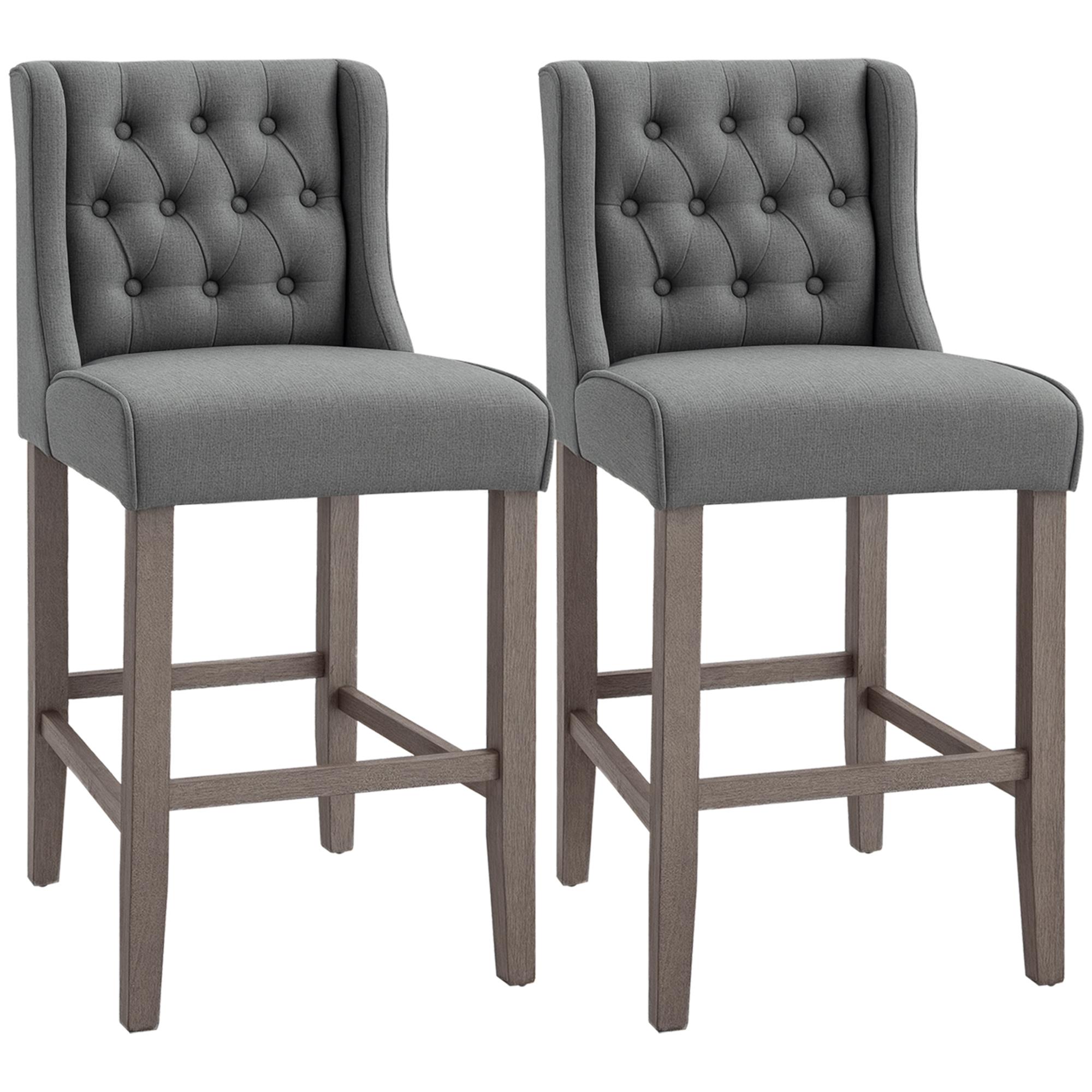 Grey Button Tufted Bar Stools with Rubber Wood Legs