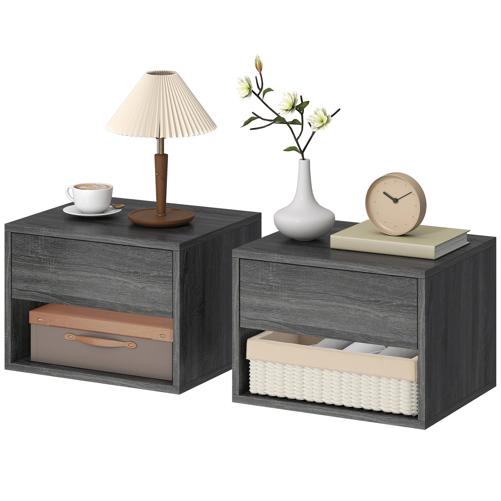 Grey Floating Nightstand Pair with Drawer and Shelf, 15.7-Inch