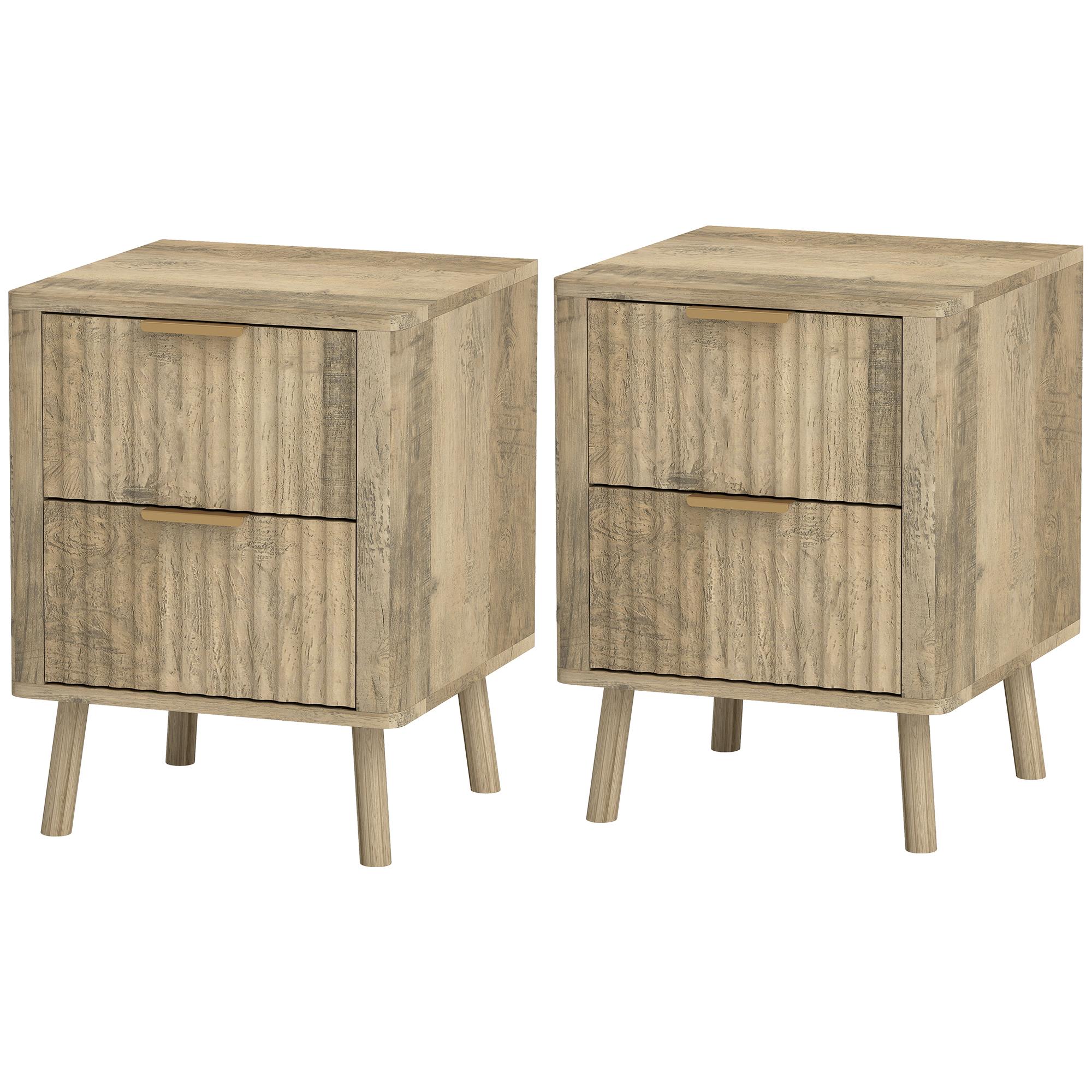 Oak Rounded Bedside Tables with Fluted Drawers, Set of 2