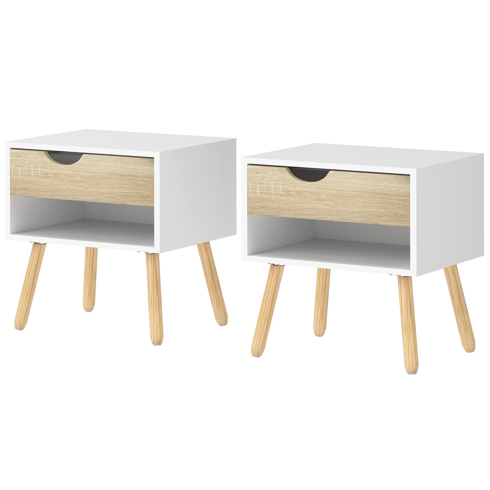 White Bedside Table Set with Drawer and Open Shelf