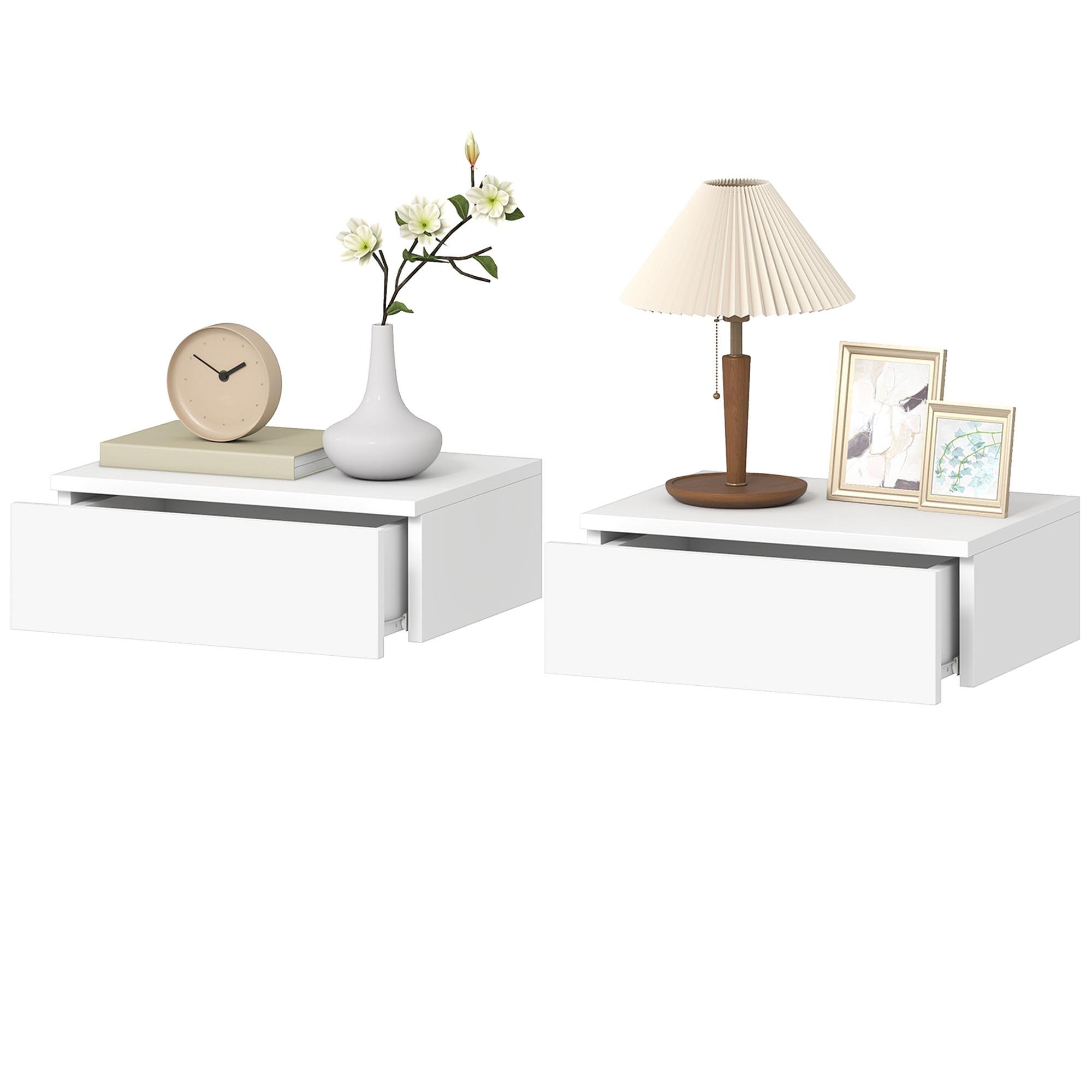 White Melamine Drawer Nightstands, Floating Pair for Bedrooms
