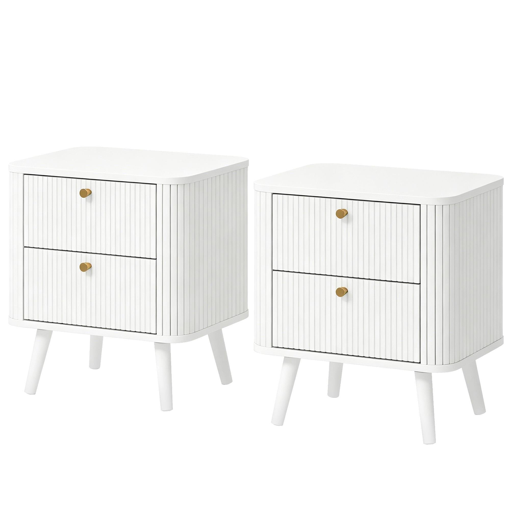 White Slat Nightstand Pair with Two Drawers for Bedrooms