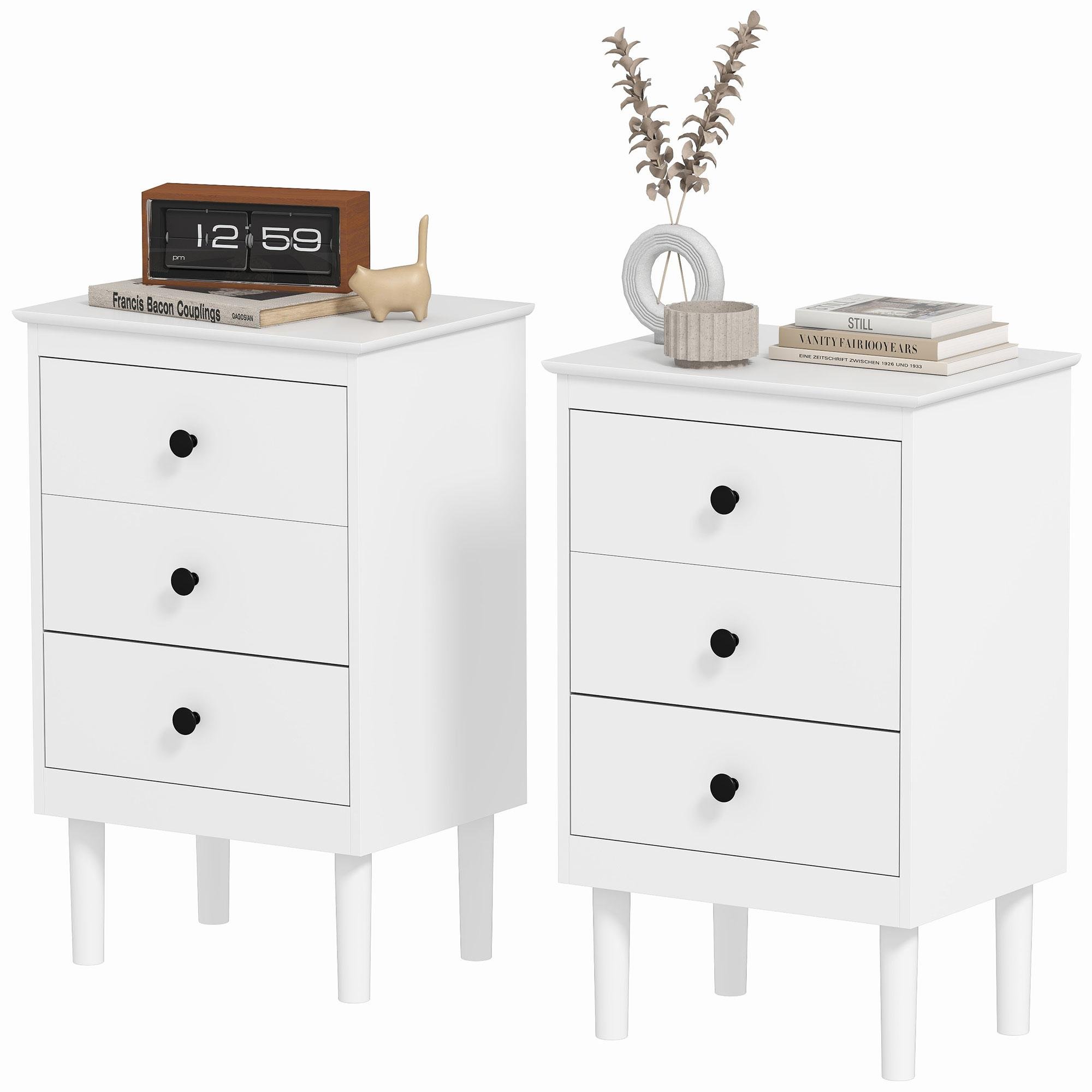 White Three-Drawer Table Pair for Bedroom Storage