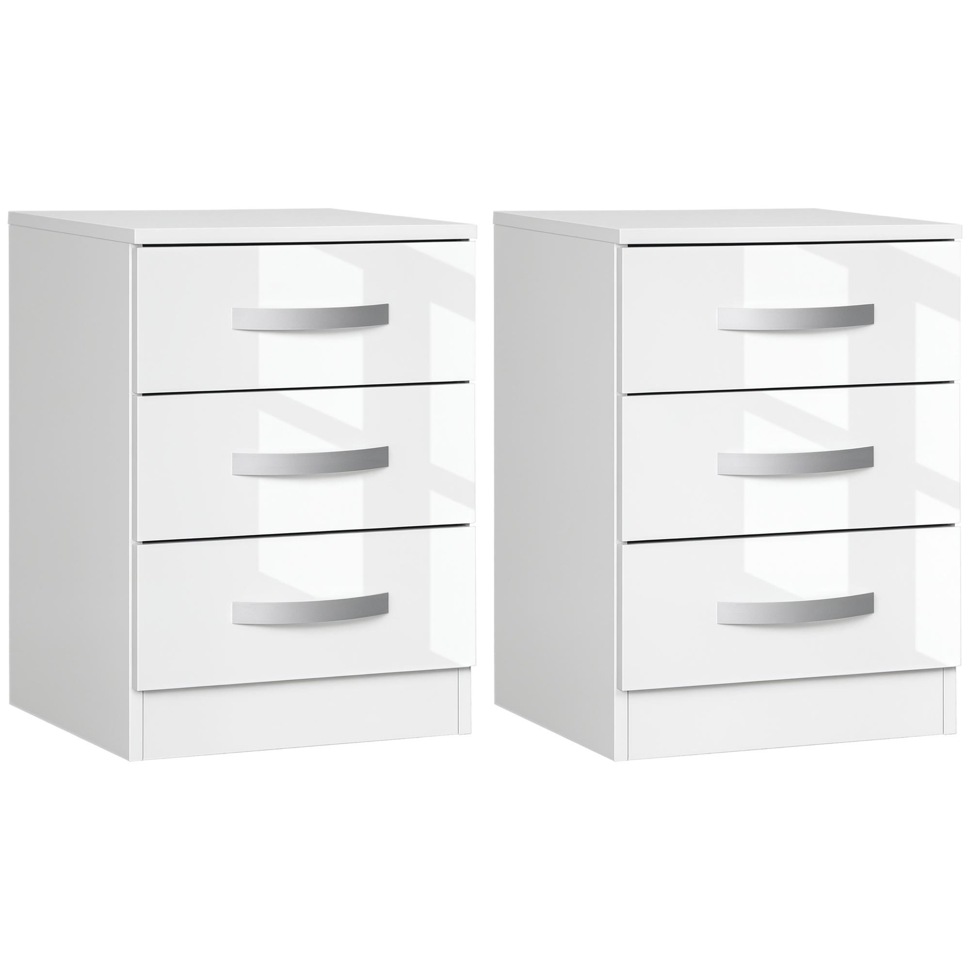 White High Gloss Nightstand Pair with Three Drawers