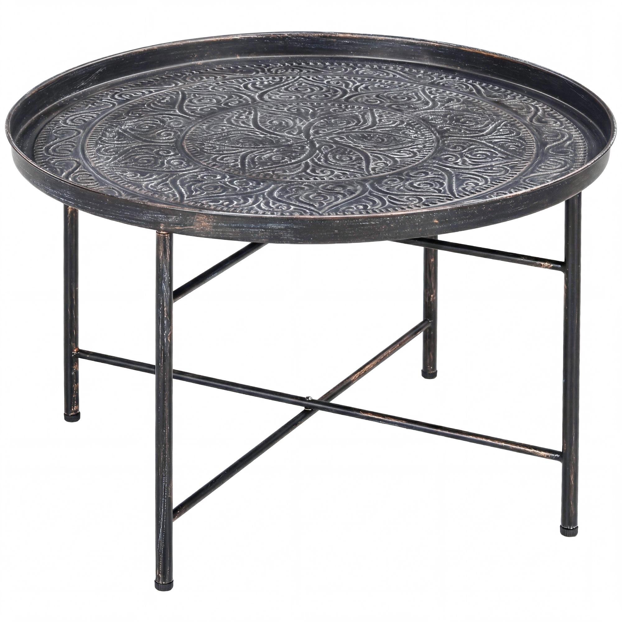 Pewter Round Coffee Table with Hammered Tray Top, 24 Inch