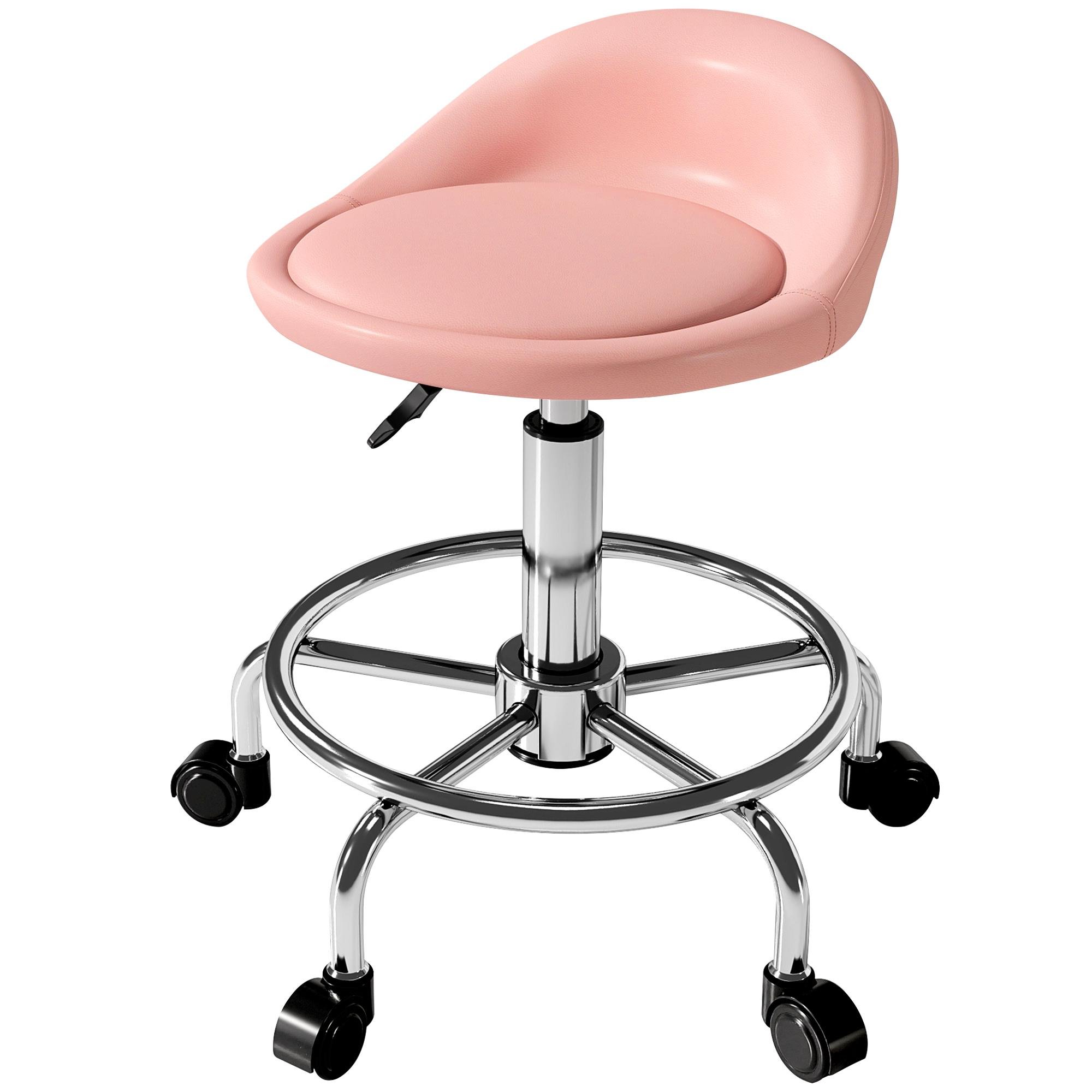 Pink Adjustable Swivel Salon Stool with Backrest and Footrest