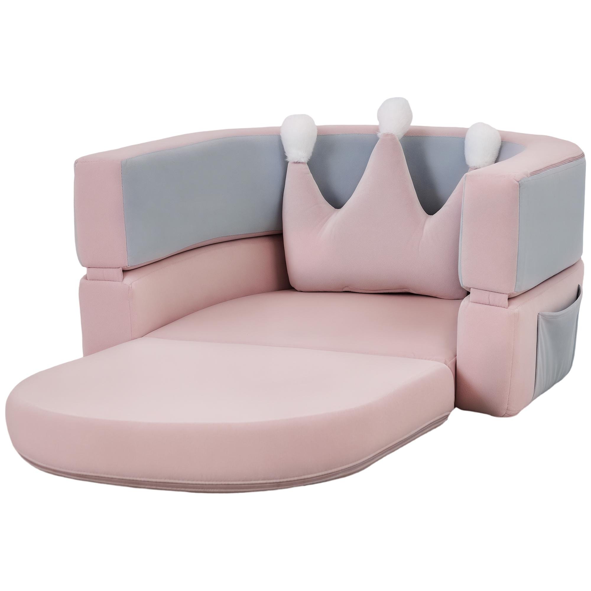 Pink Convertible Play Couch with Crown Cushion for Toddlers