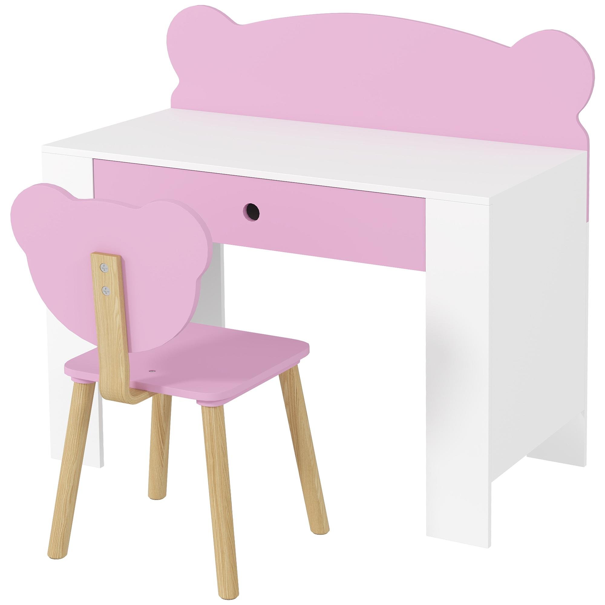 Pink Bear Desk Chair Set with Drawer, 31.3-Inch