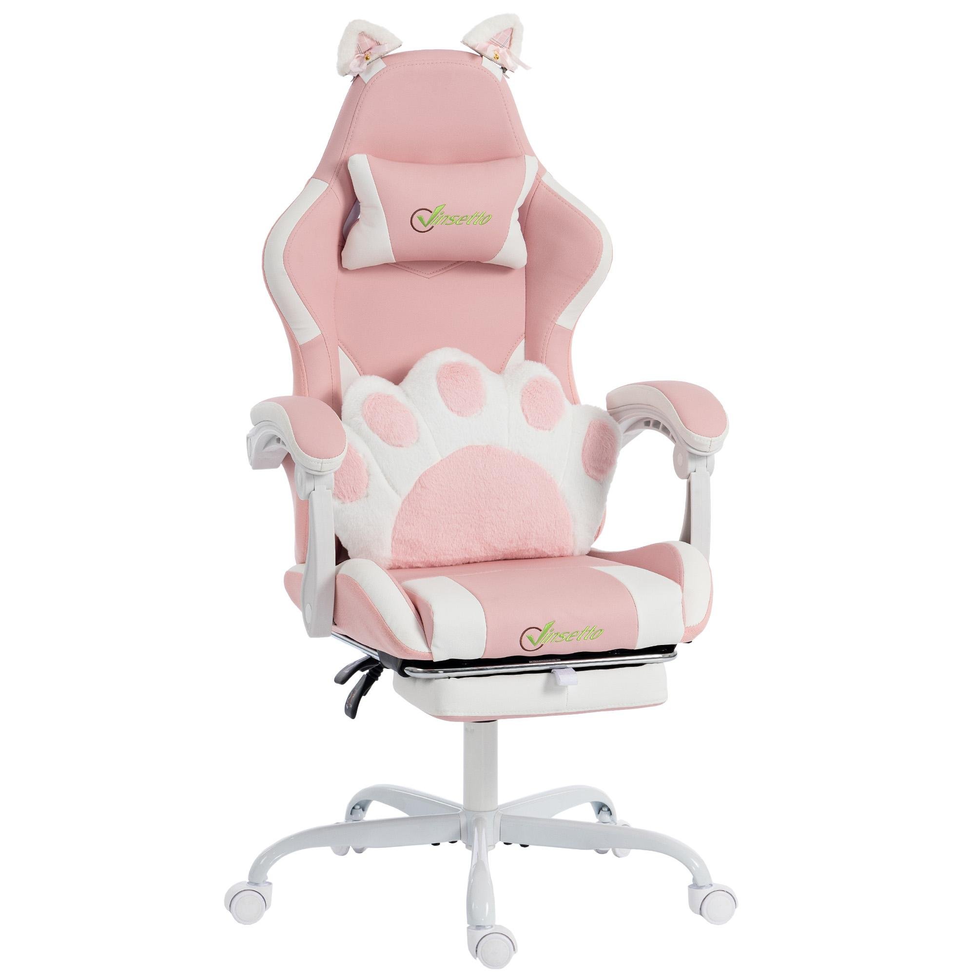 Pink Cat Ear Gaming Chair with Footrest, 90-135° Recline