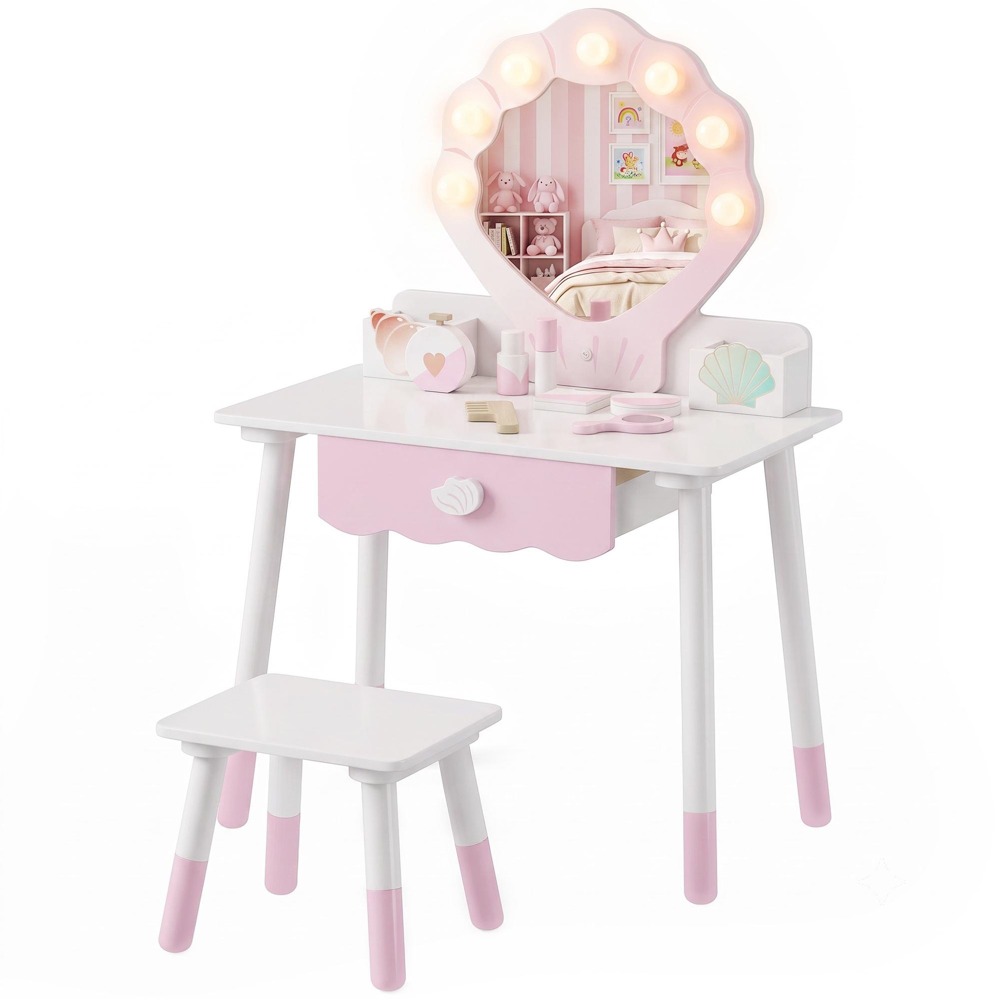 Pink Kids Vanity Set with Lighted Mirror for Ages 3–8