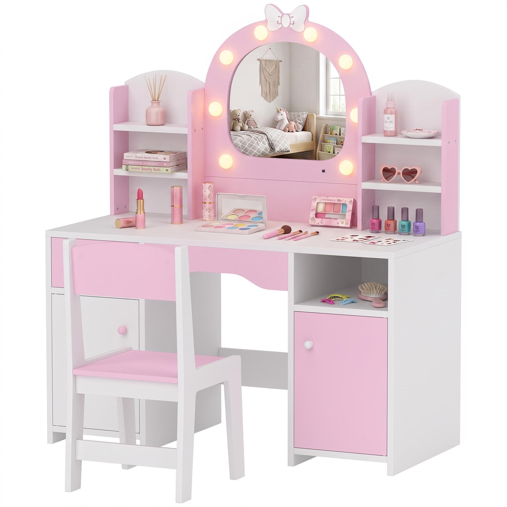 Pink Bow Mirror Vanity with Lights for Kids