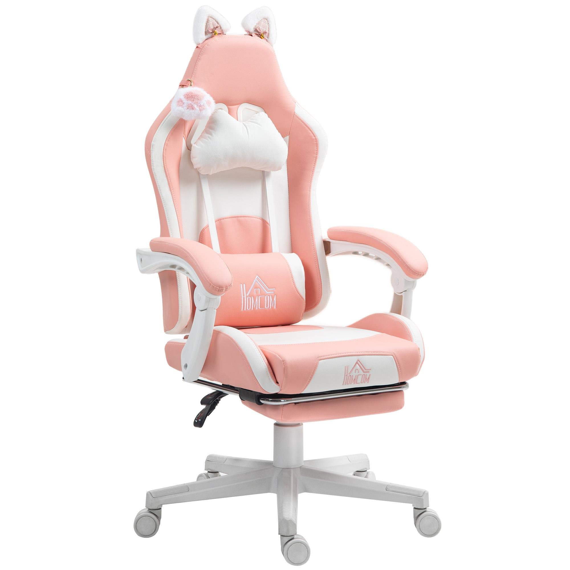 Pink Faux Leather Gaming Chair with Footrest and Cat Ears