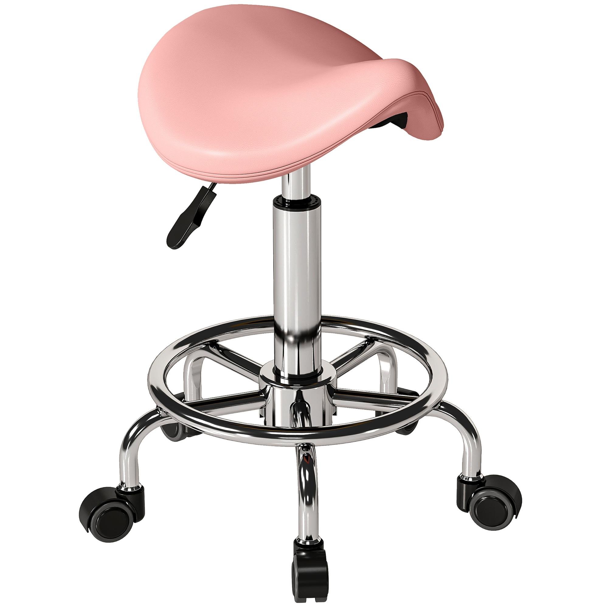 Pink Faux Leather Salon Stool, Adjustable Rolling Seat