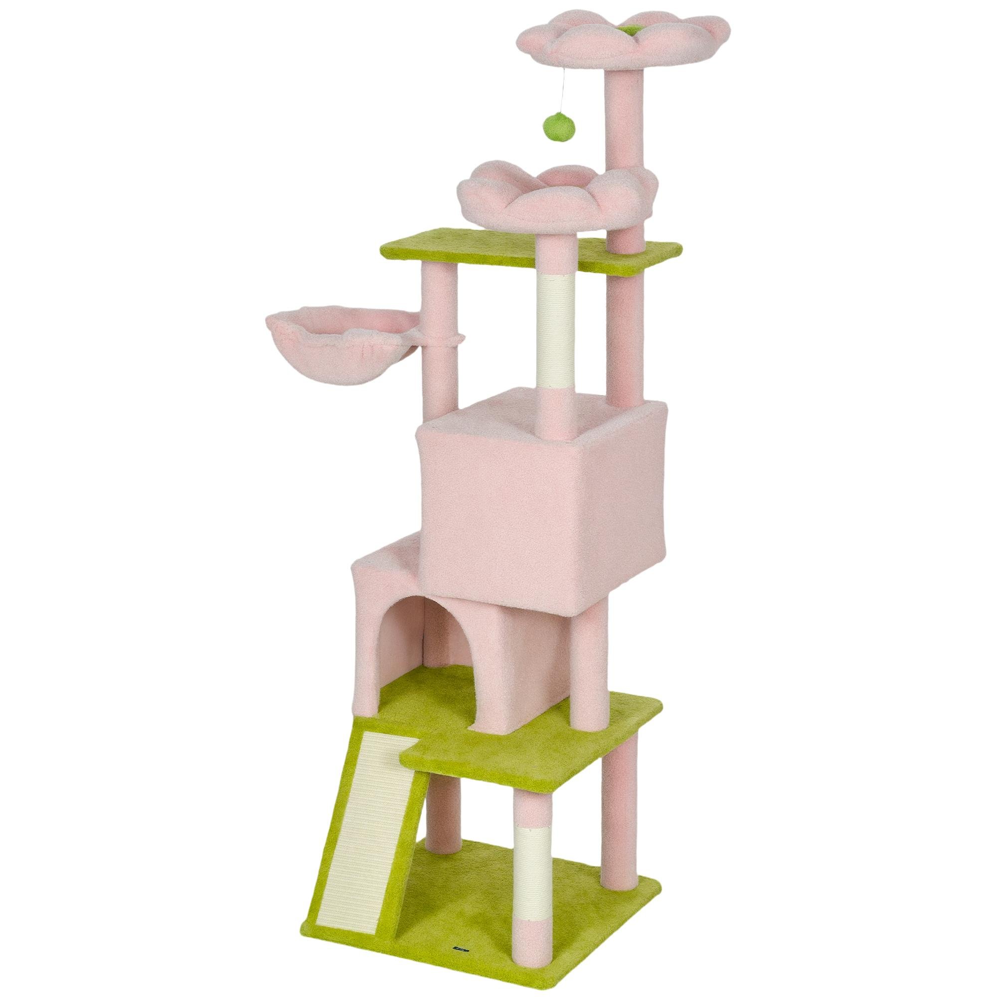 pink flower cat tower with sisal posts, 62.2-inch