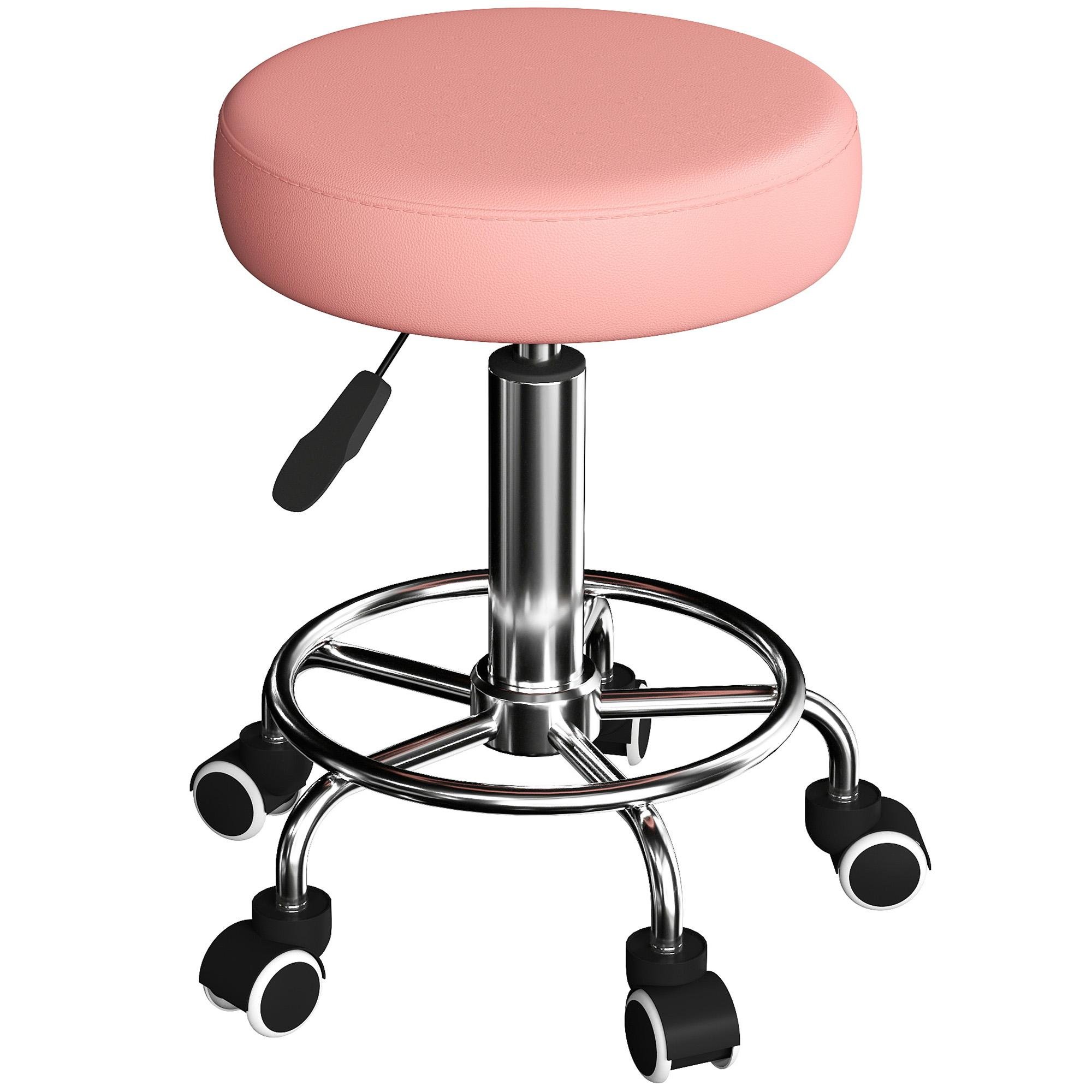 Pink Hydraulic Salon Stool, Adjustable PU Seat with Casters