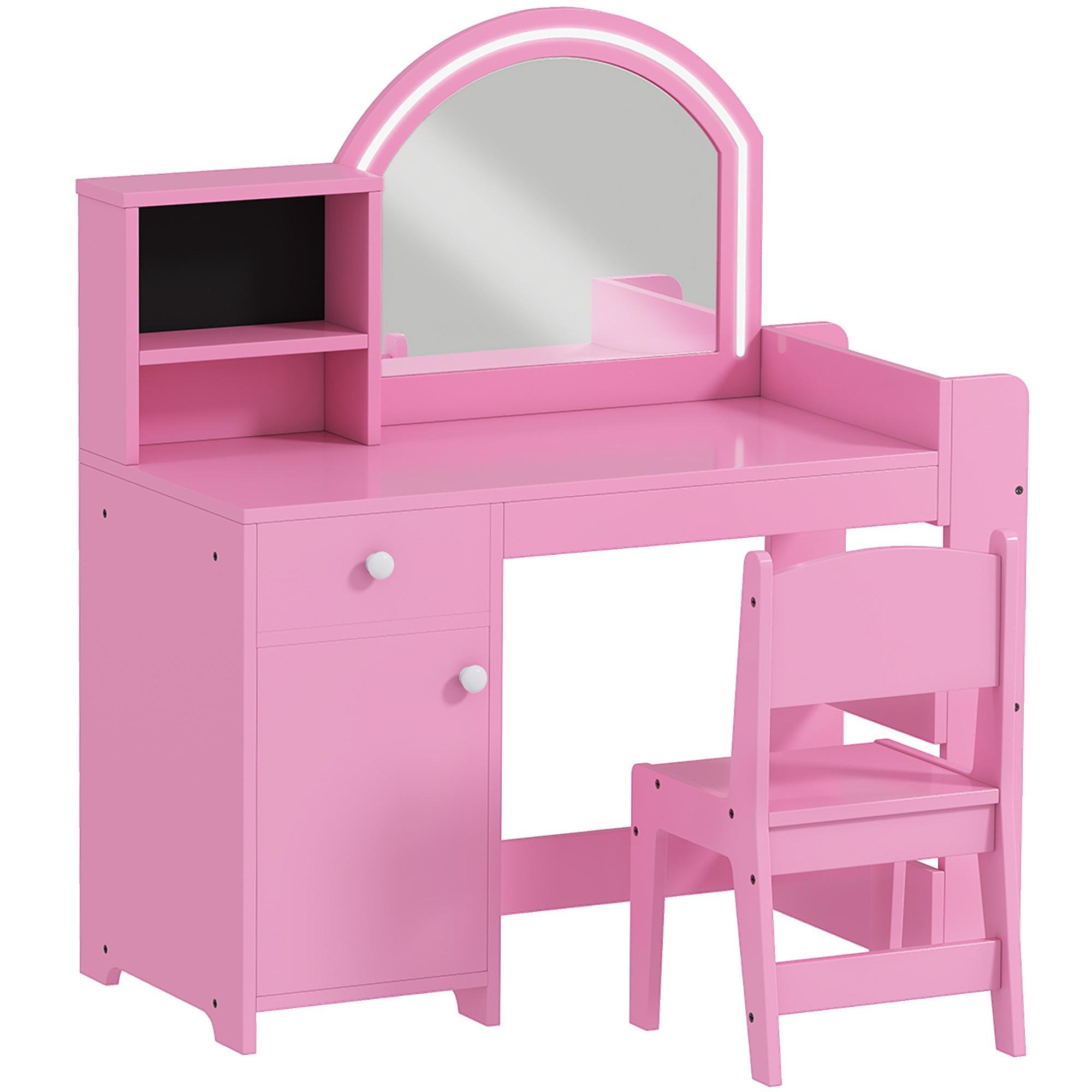 Pink Kids Dressing Table with LED Mirror for Dress-Up