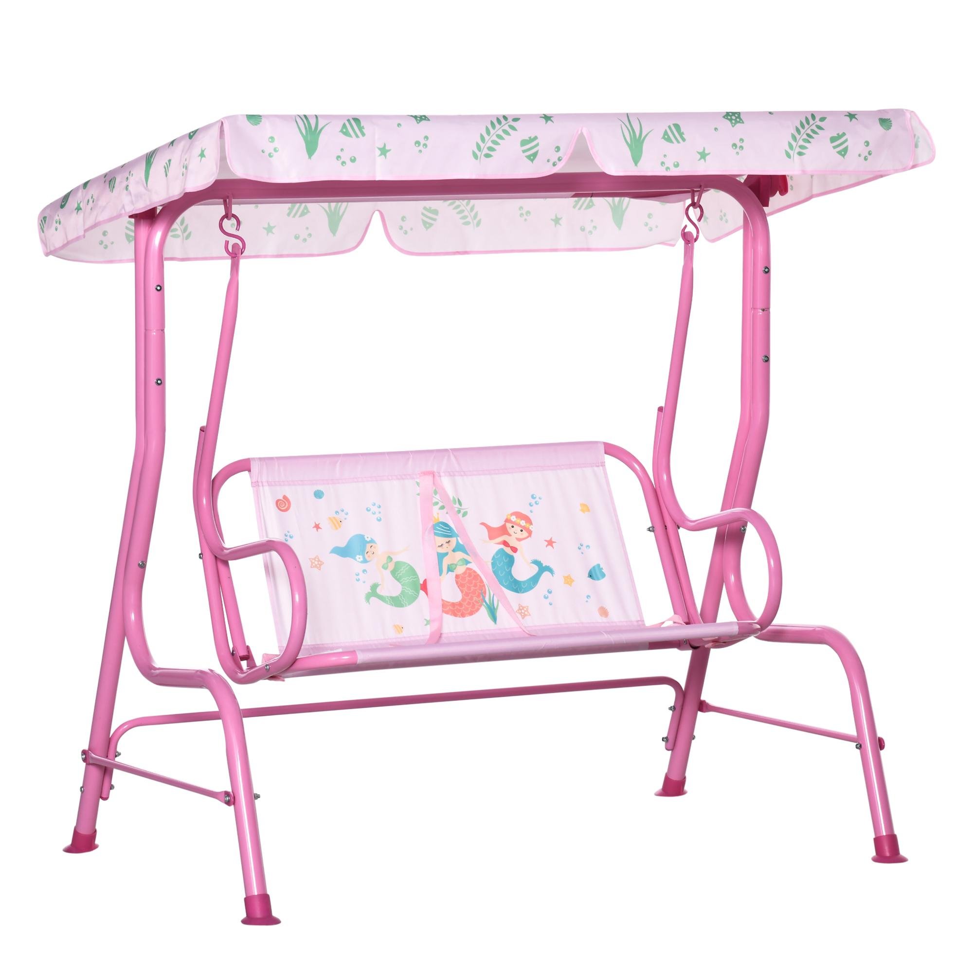 Pink Mermaid Kids Porch Swing with Adjustable Canopy