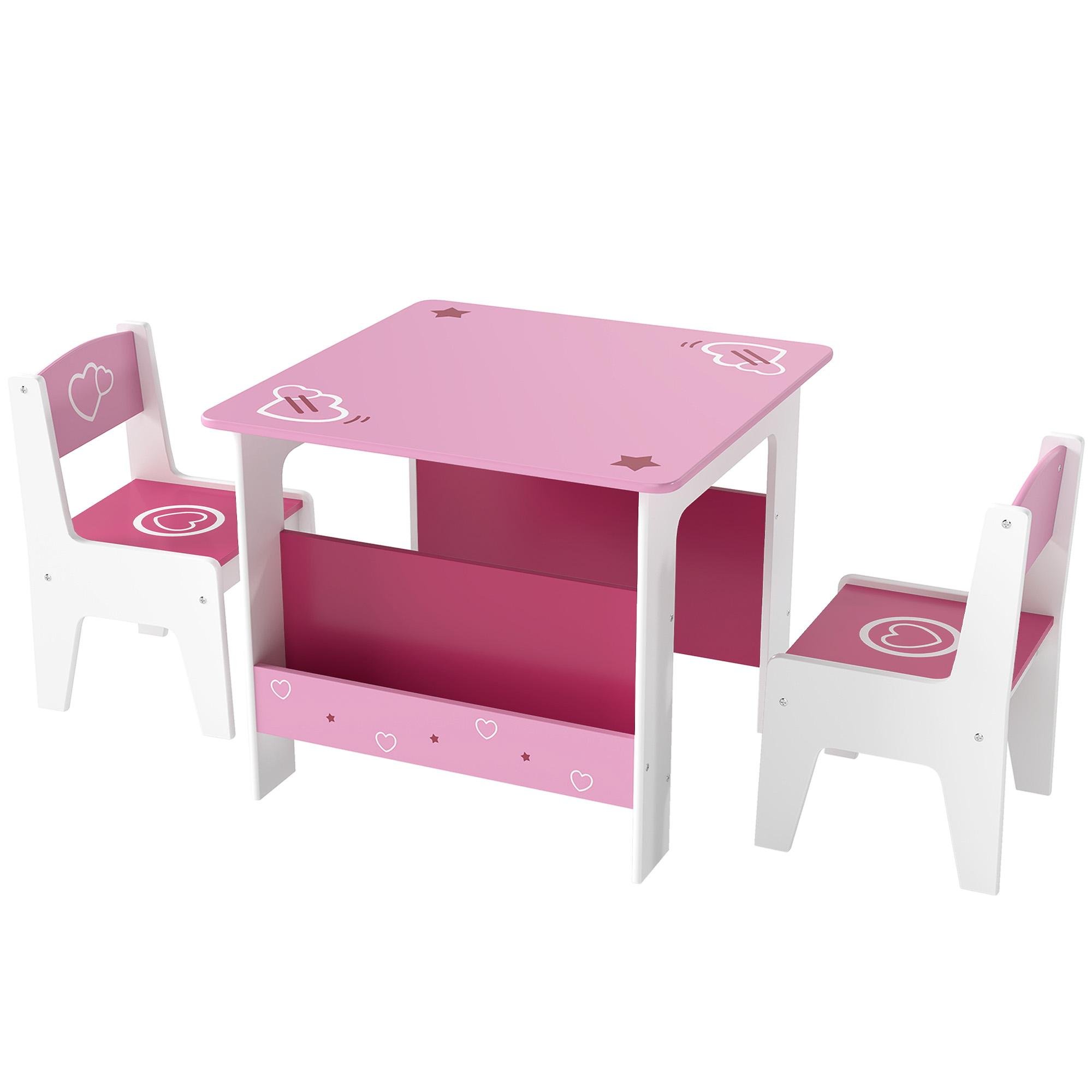 Pink Kids Bookshelf Table Set with Two Chairs for Reading