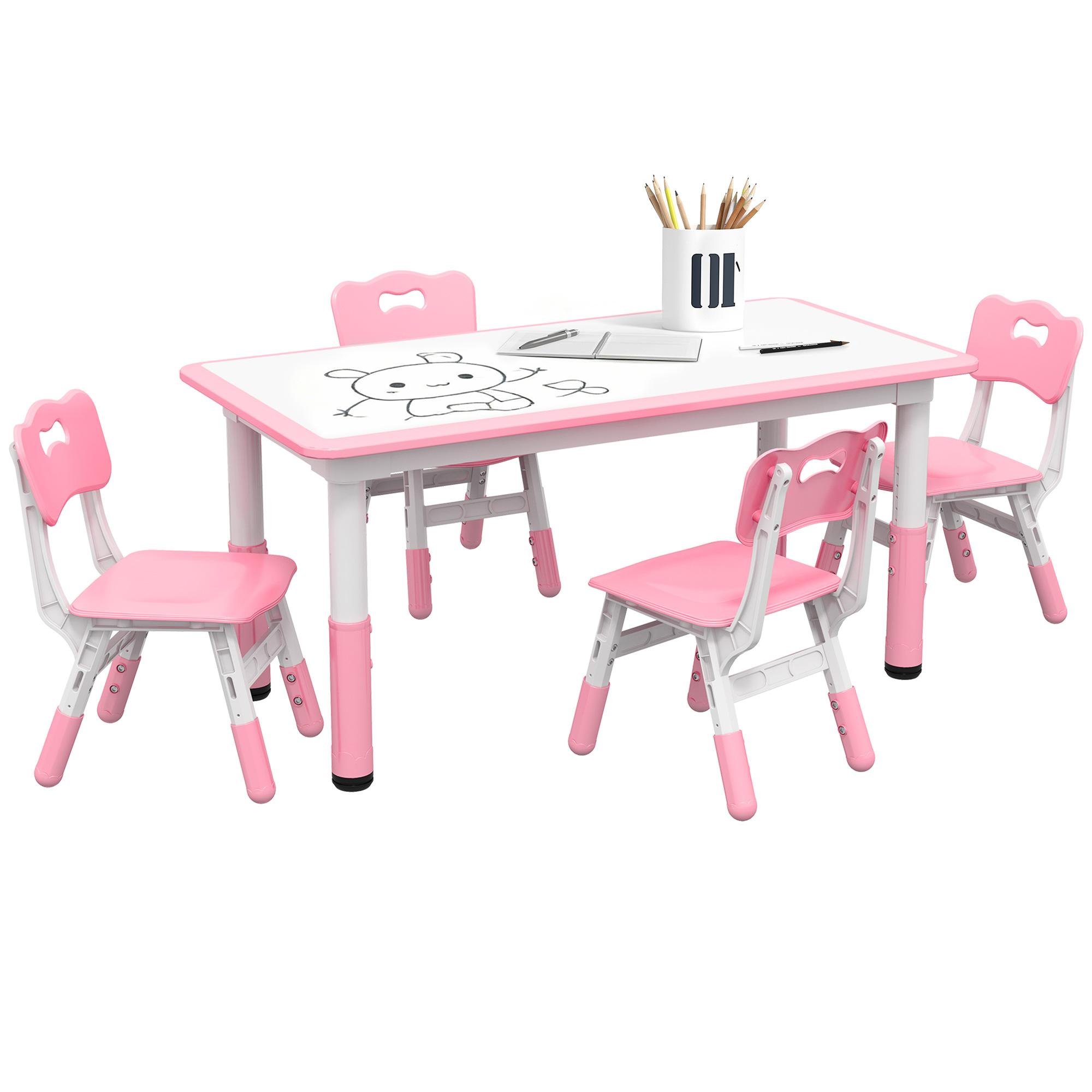 Pink Four Chair Kids Table Set with Adjustable Height