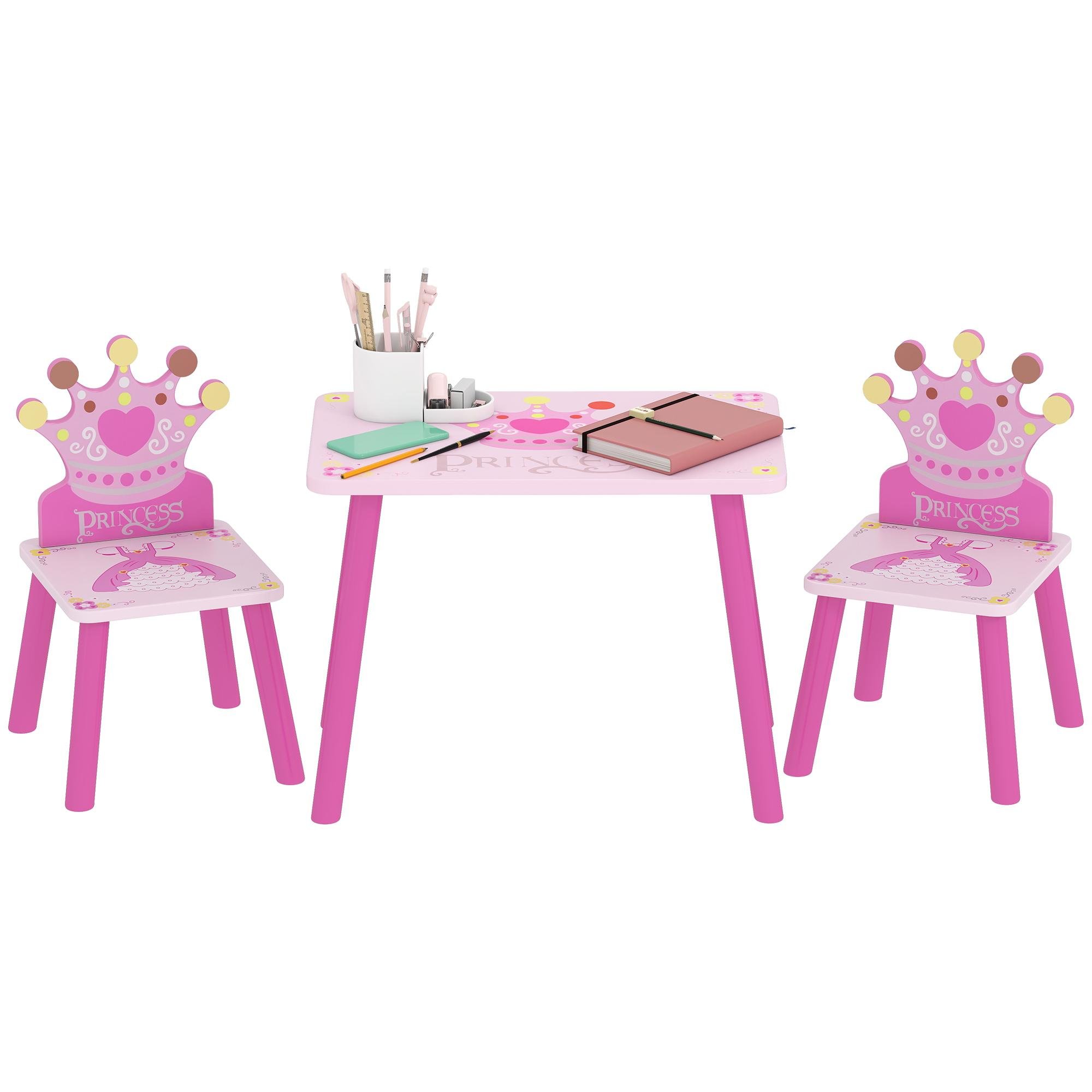 Pink Crown Kids Table Set with Two Chairs for Ages 2-4