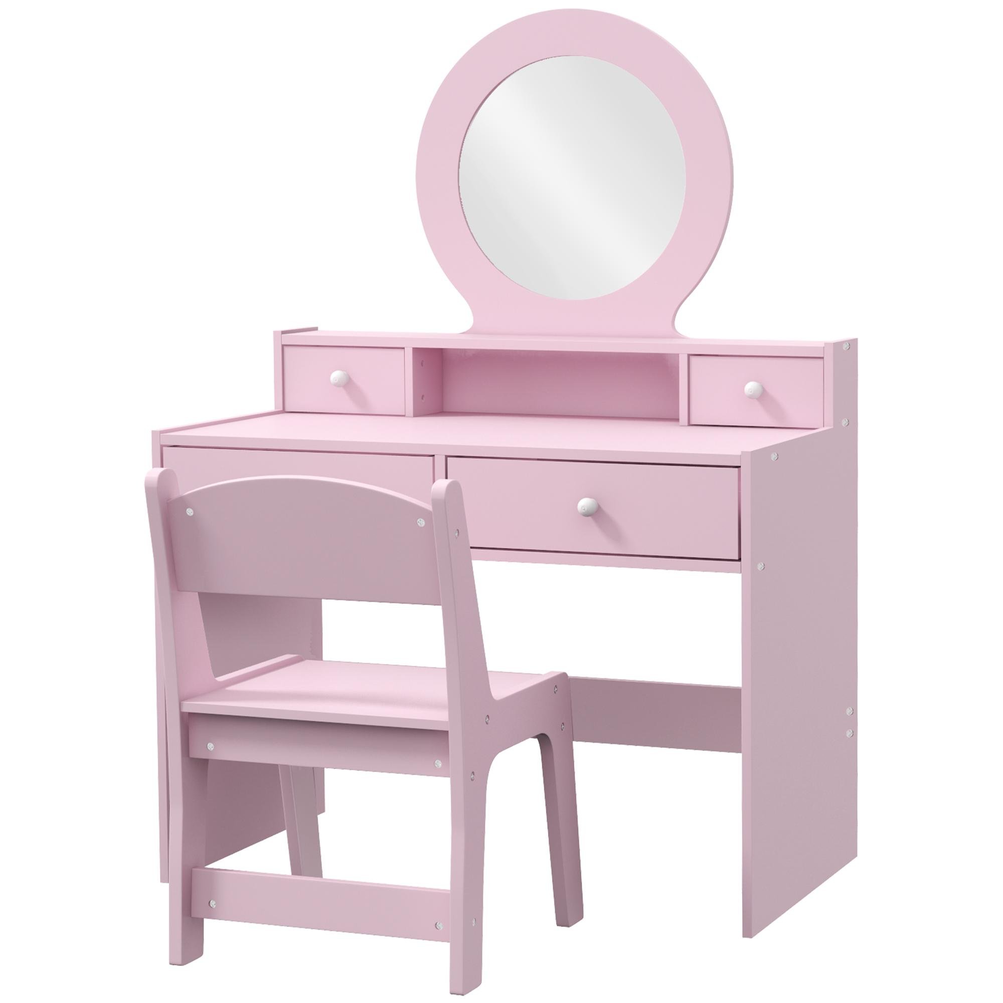Pink Kids Vanity Table with Four Drawers, Mirror and Stool