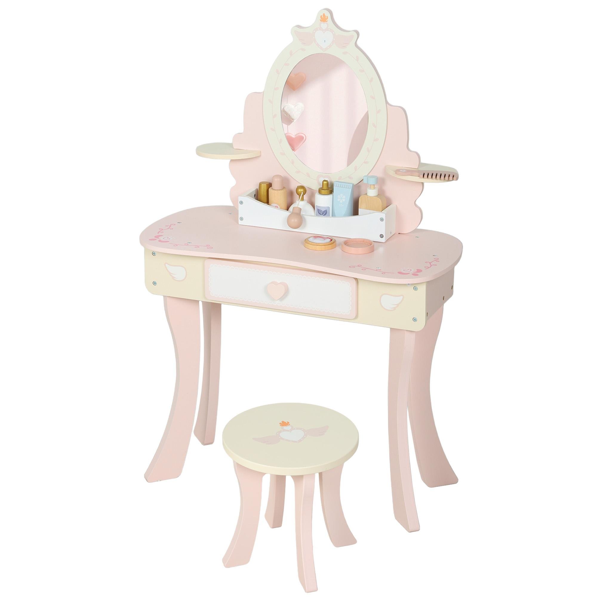 Pink Wood Kids Vanity, 2-in-1 Desk with Stool