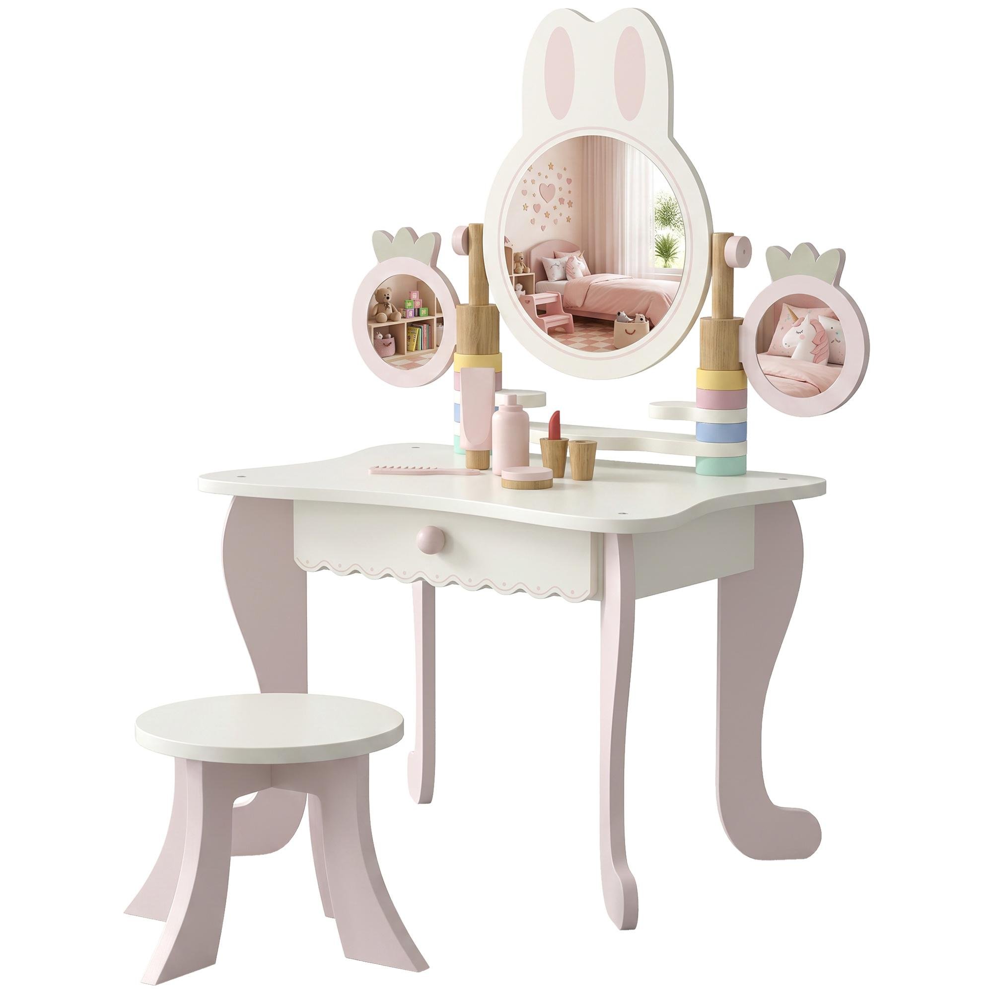 Pink Acrylic Kids Vanity with Triple Mirrors