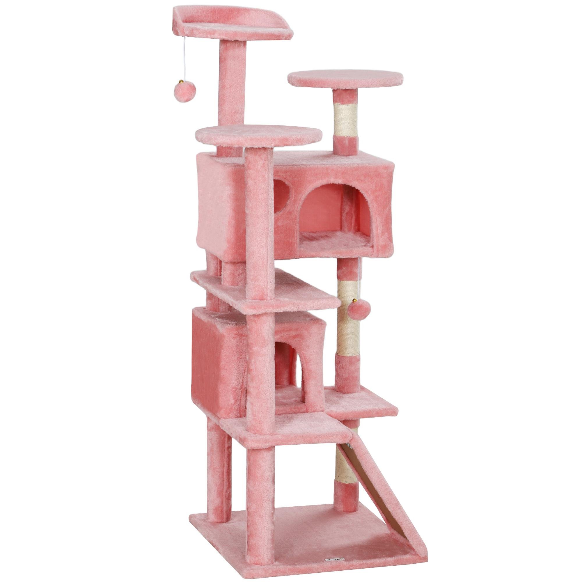 Pink sisal cat tower with condos and ramp, 54.3-inch