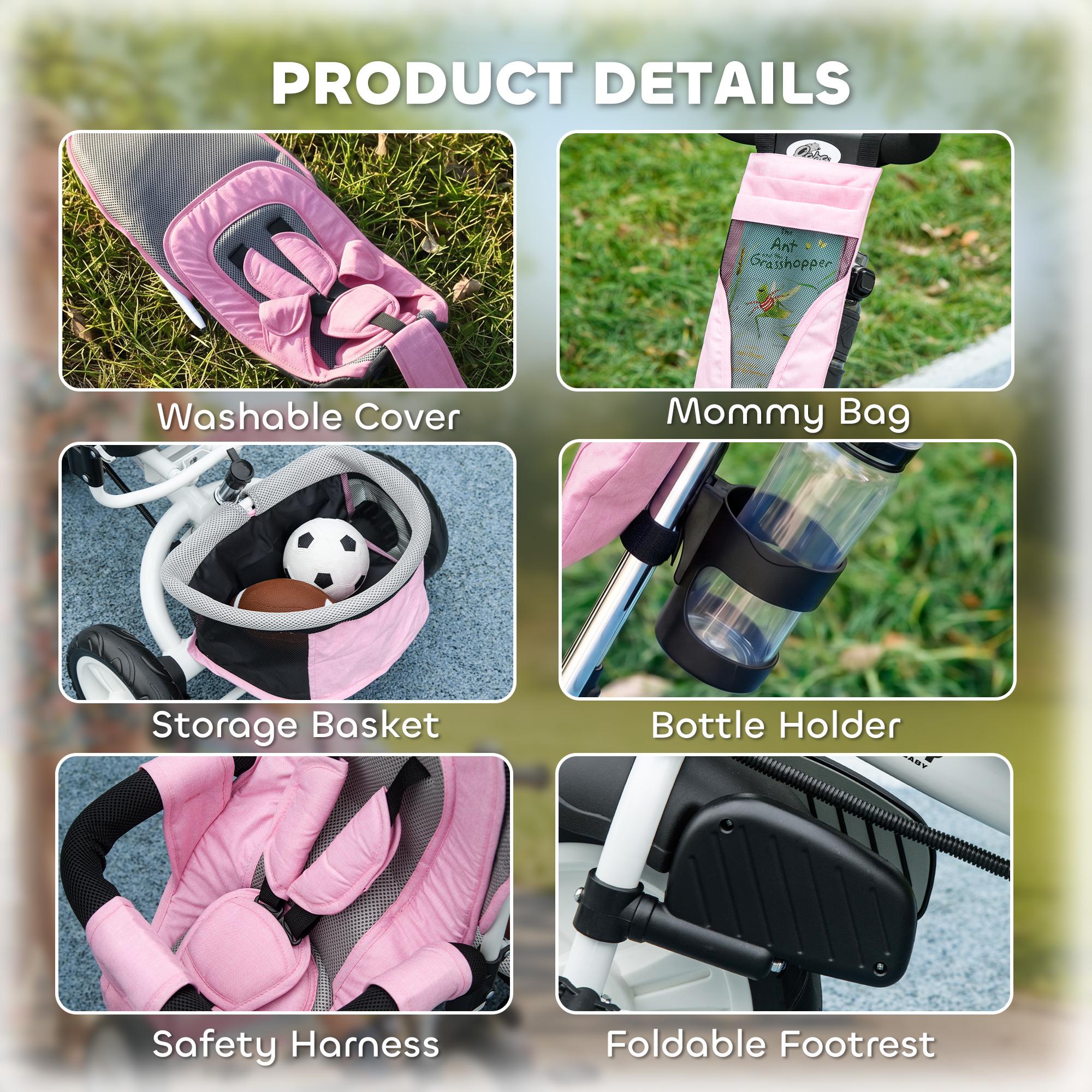 Pink Parent Push Tricycle with 6-in-1 Ride Modes