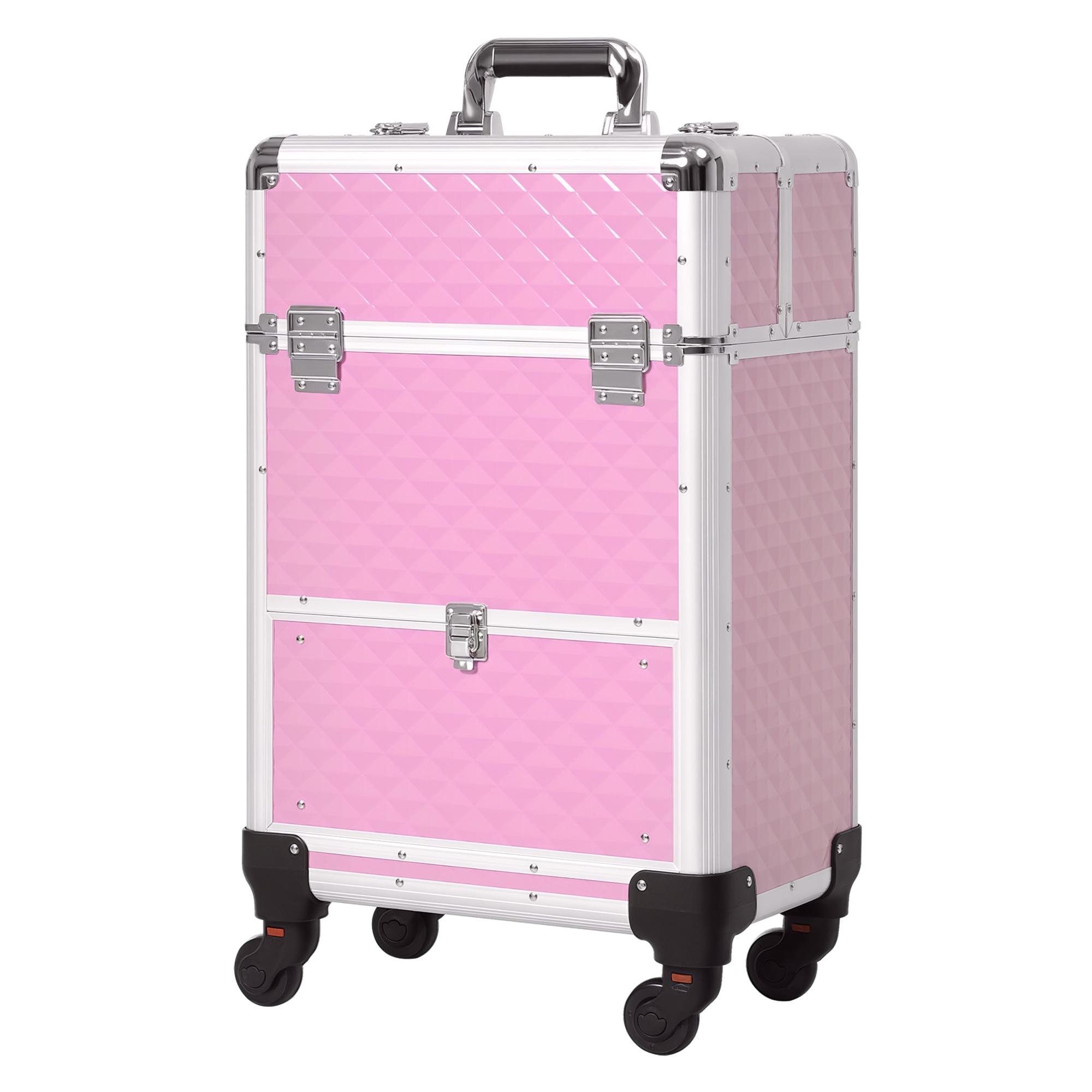 Pink Rolling Makeup Case with Four Trays for Salon and Travel
