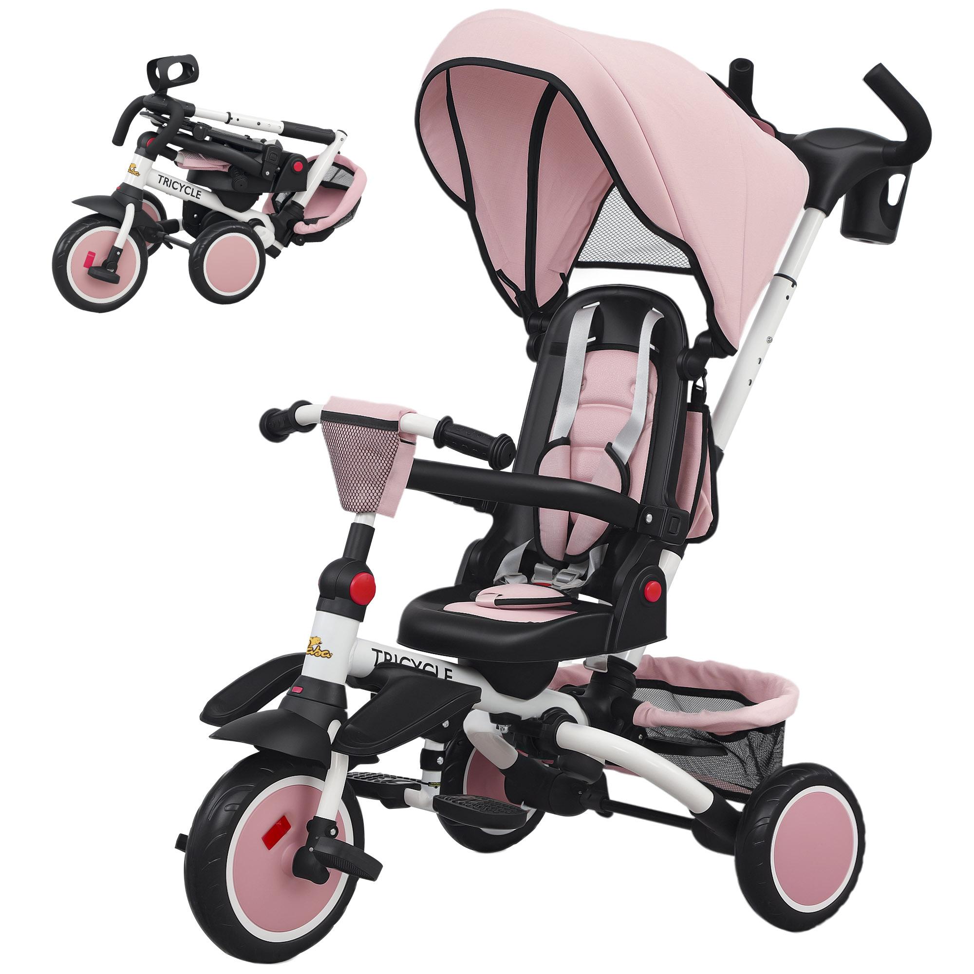 Pink Rotating Stroller Tricycle with 6-in-1 Design