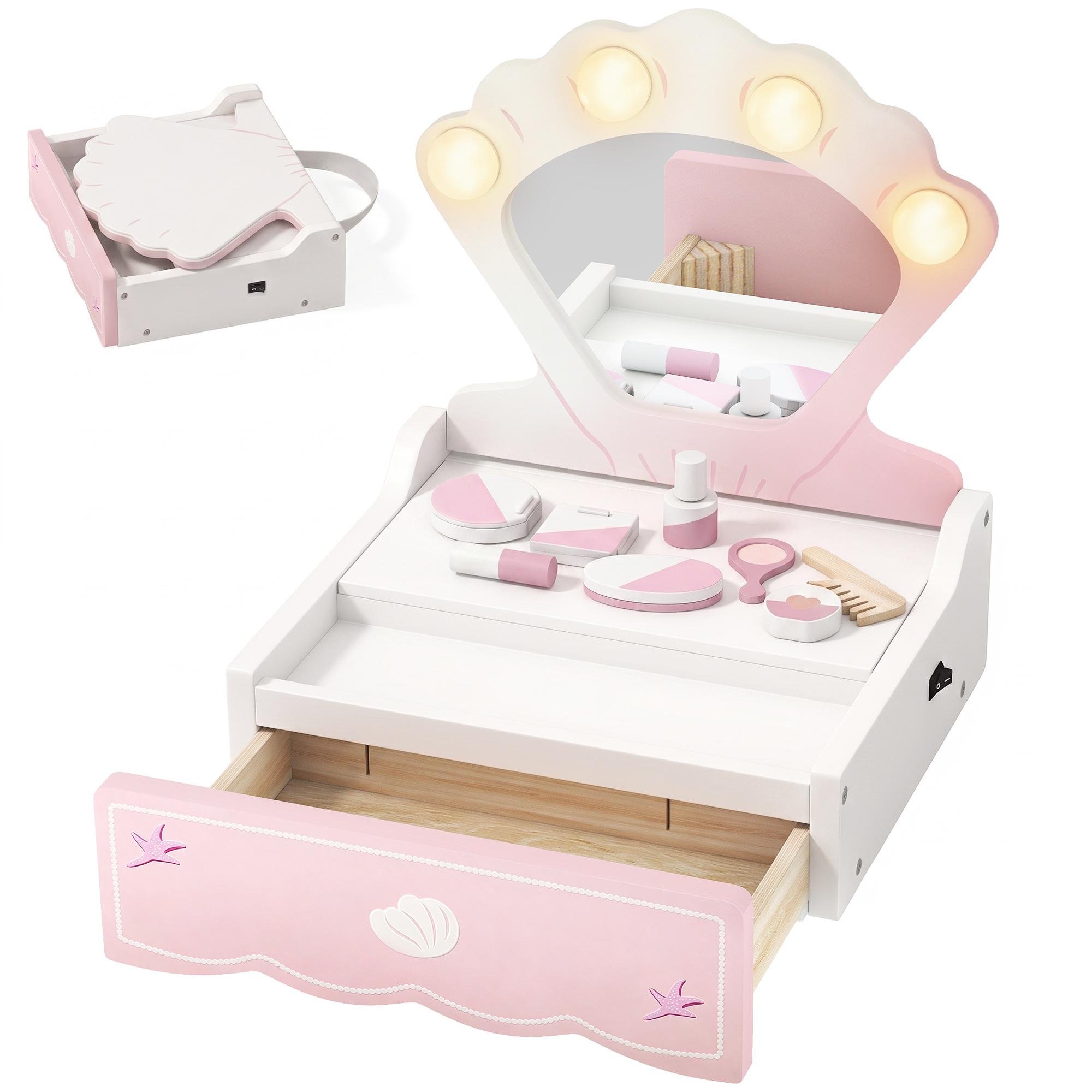 Pink Tabletop Toy Vanity with Lighted Mirror