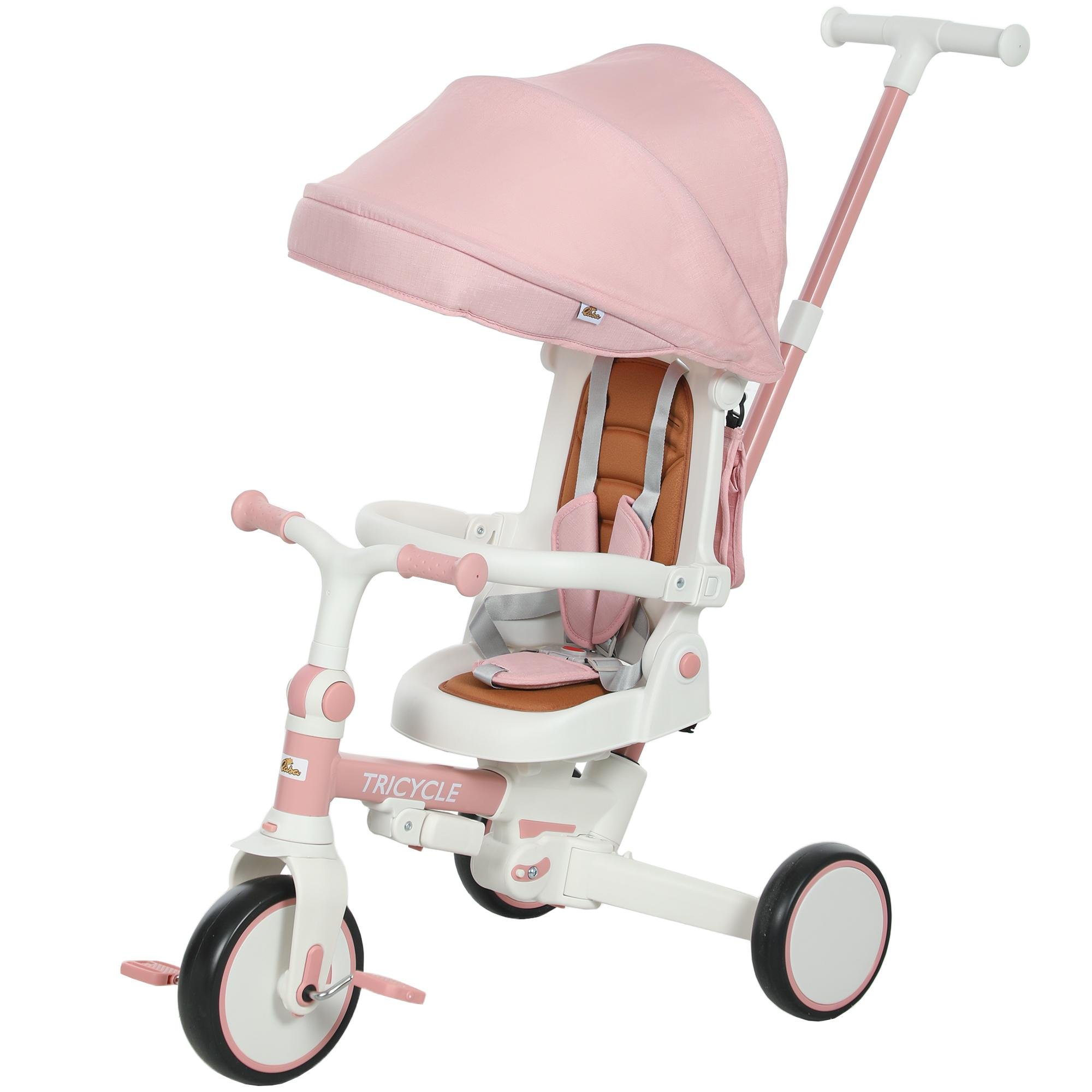 Pink Folding Toddler Tricycle with Adjustable Push Handle